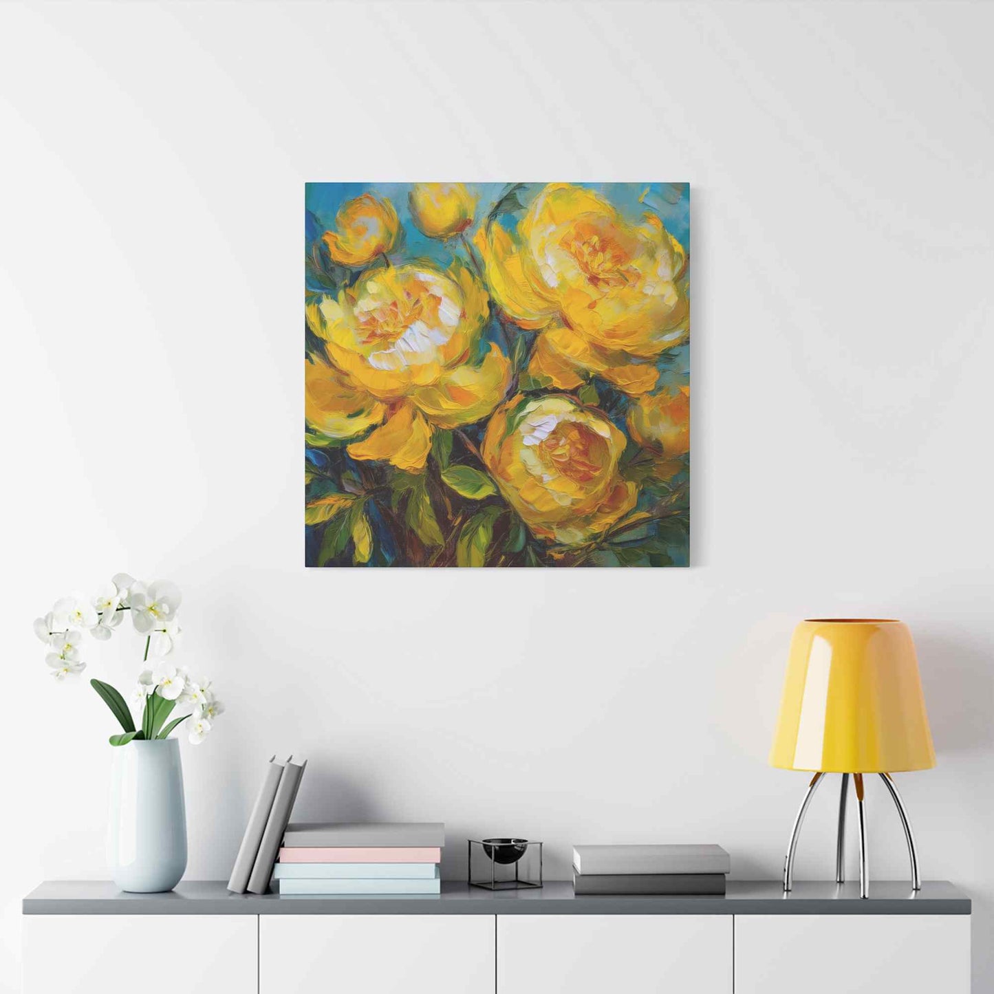 Yellow Peonies Print Canvas, Floral Oil Paint Print 20x20, 24x24, 30x30, 32x32, 36x36 Art Design Pine-Wood Inner Frame MC-120