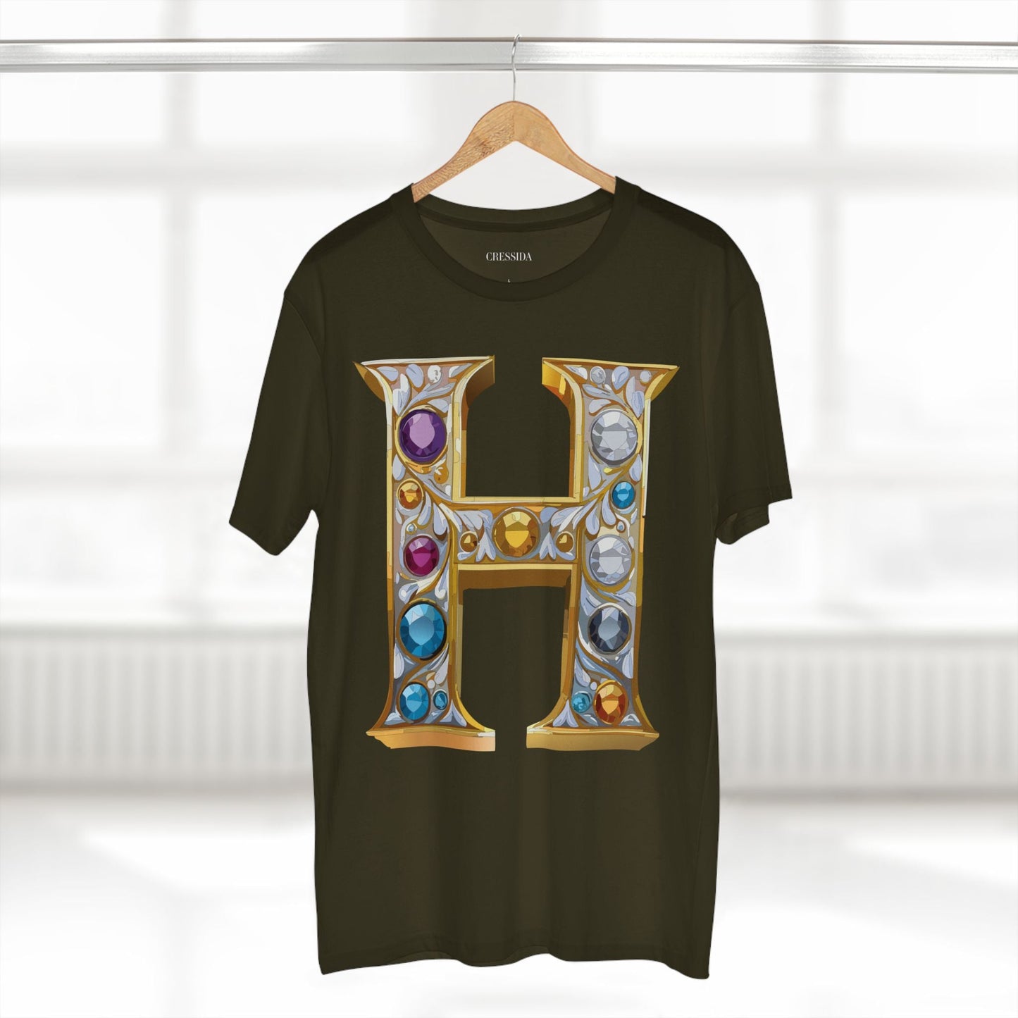Letter H Graphic Design Tee Unisex 100 Cotton With Antique Gold Letters Artwork T-Shirt