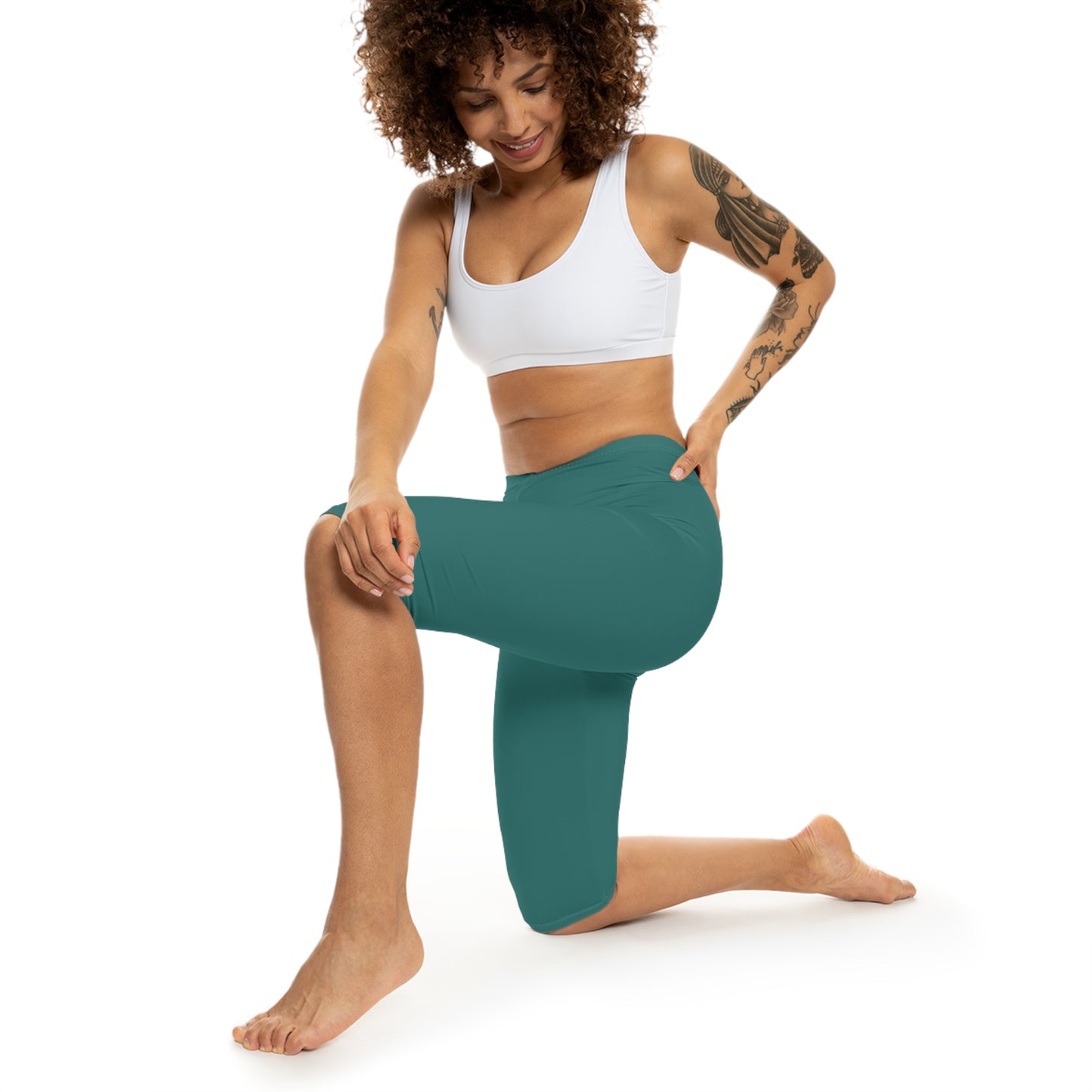 Pine Teal Color Women's Brushed Suede Poly Span Casual Capri Leggings XS-2XL
