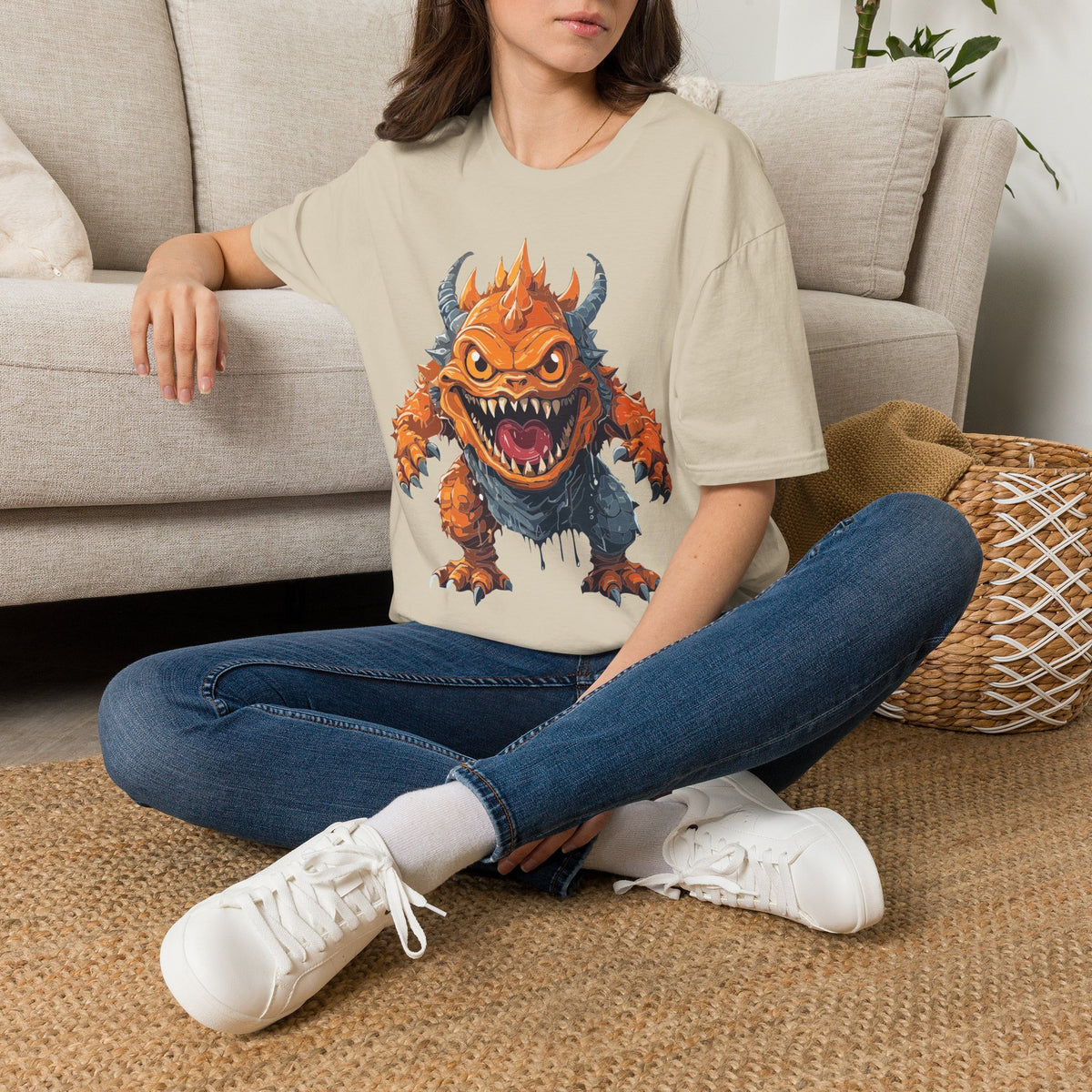 Monster Graphic T-Shirt — Fierce Orange Demon Creature Design Cartoon Graphic Tee Unisex 100 Cotton Gildan T-Shirt