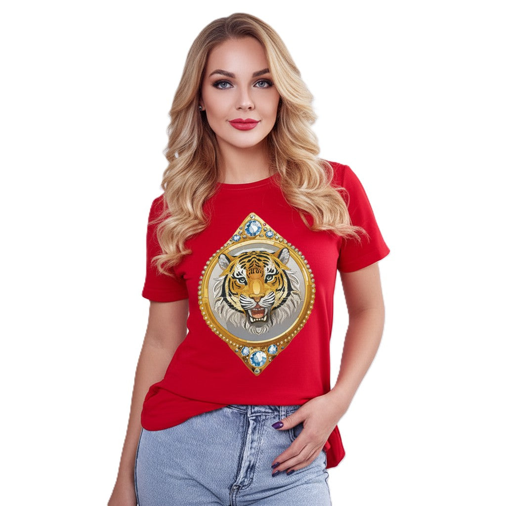 Tiger Graphic Unisex 100 Cotton Tee With Unique Animal Golden Medallion Art Design 1