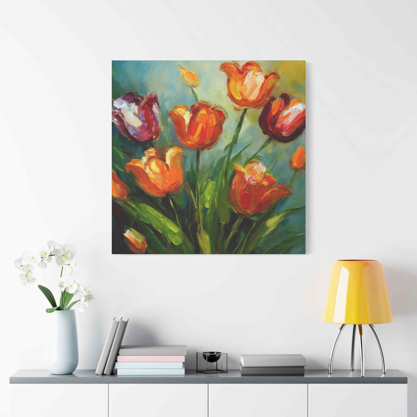 Tulips Print Canvas, Floral Oil Paint Print 20x20, 24x24, 30x30, 32x32, 36x36 Art Design Pine-Wood Inner Frame MC-142