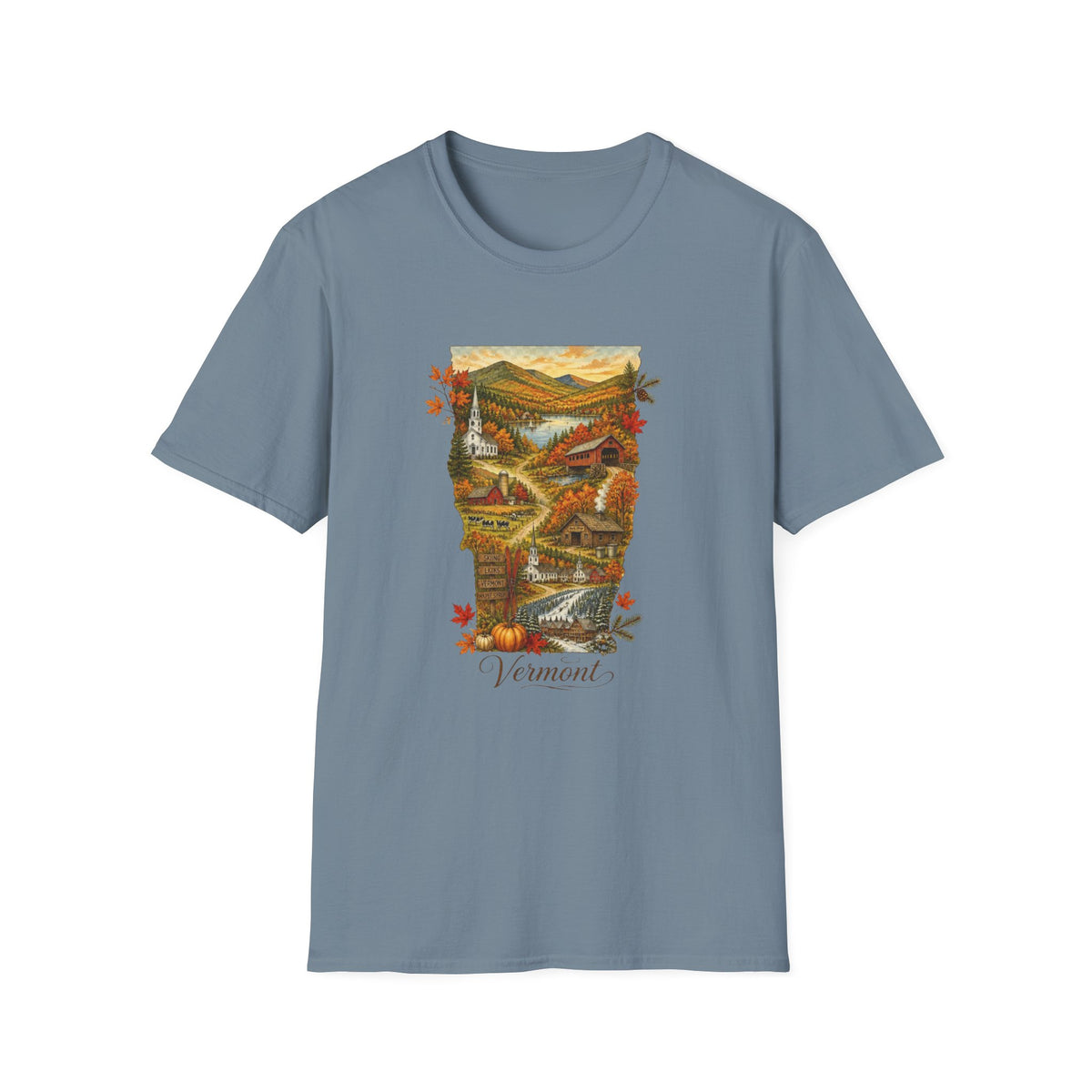 Vermont Fall Scenic T‑Shirt — Autumn Maple Leaves Landscape Travel Tourist Graphic Design Unisex 100 Cotton Gildan T-Shirt