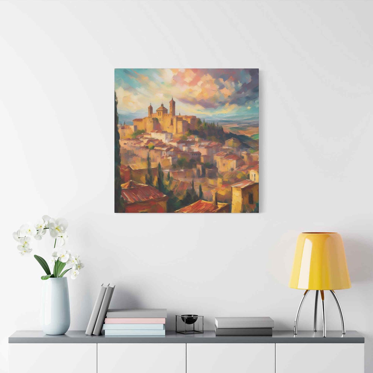 Spanish City Print Canvas, Oil Paint Print 20x20, 24x24, 30x30, 32x32, 36x36 Art Design Print Pine-Wood Inner Frame MC-58