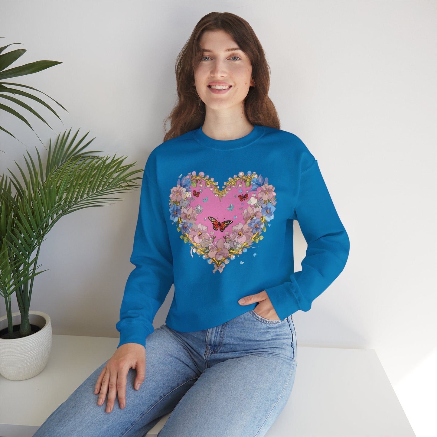 Floral Heart Sweatshirt Unisex Crewneck Gildan 18000 Fifty Fifty Cotton Polyester Valentine's Day