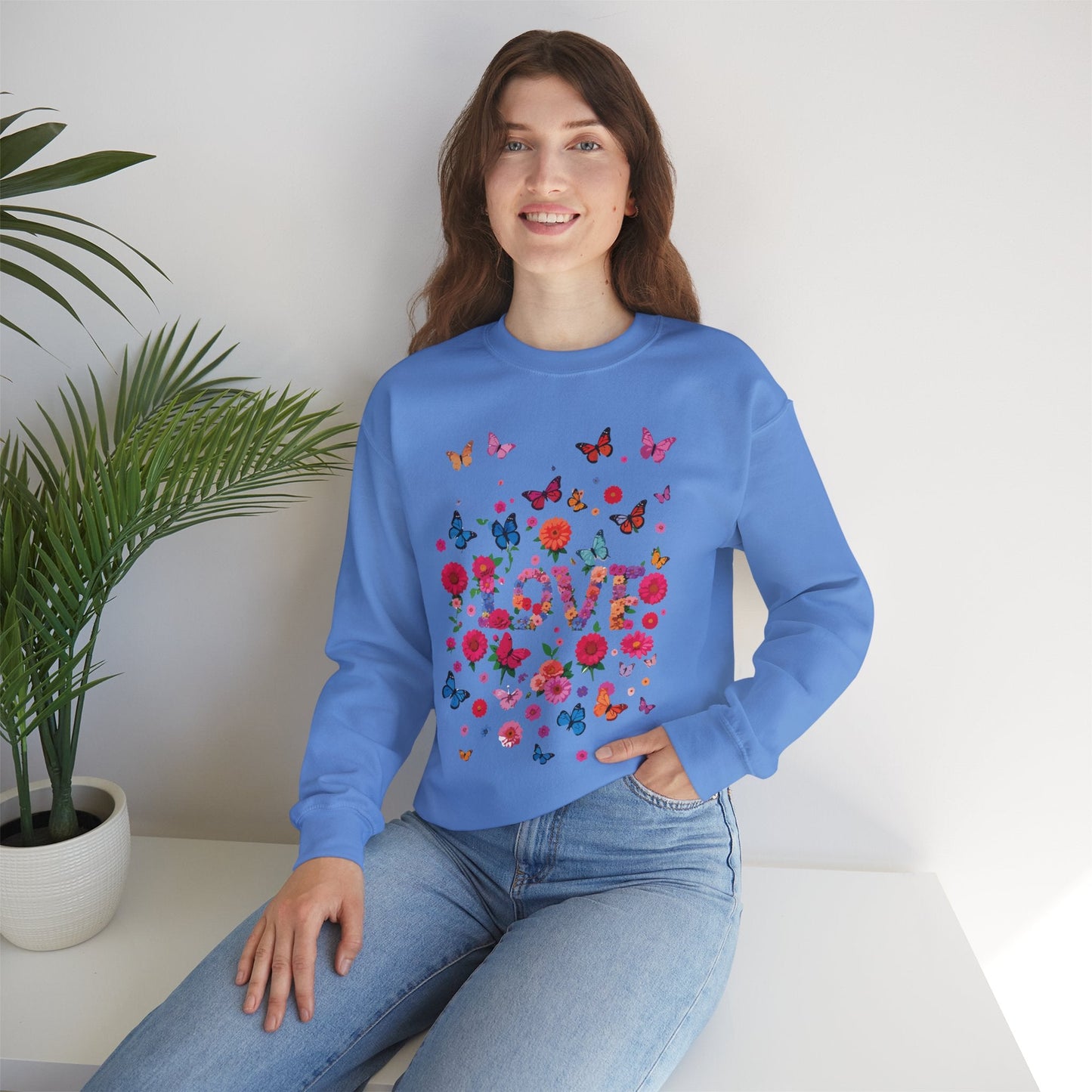 Unisex Floral Love Butterfly Sweatshirt Fifty Fifty Cotton Poly Valentine Day