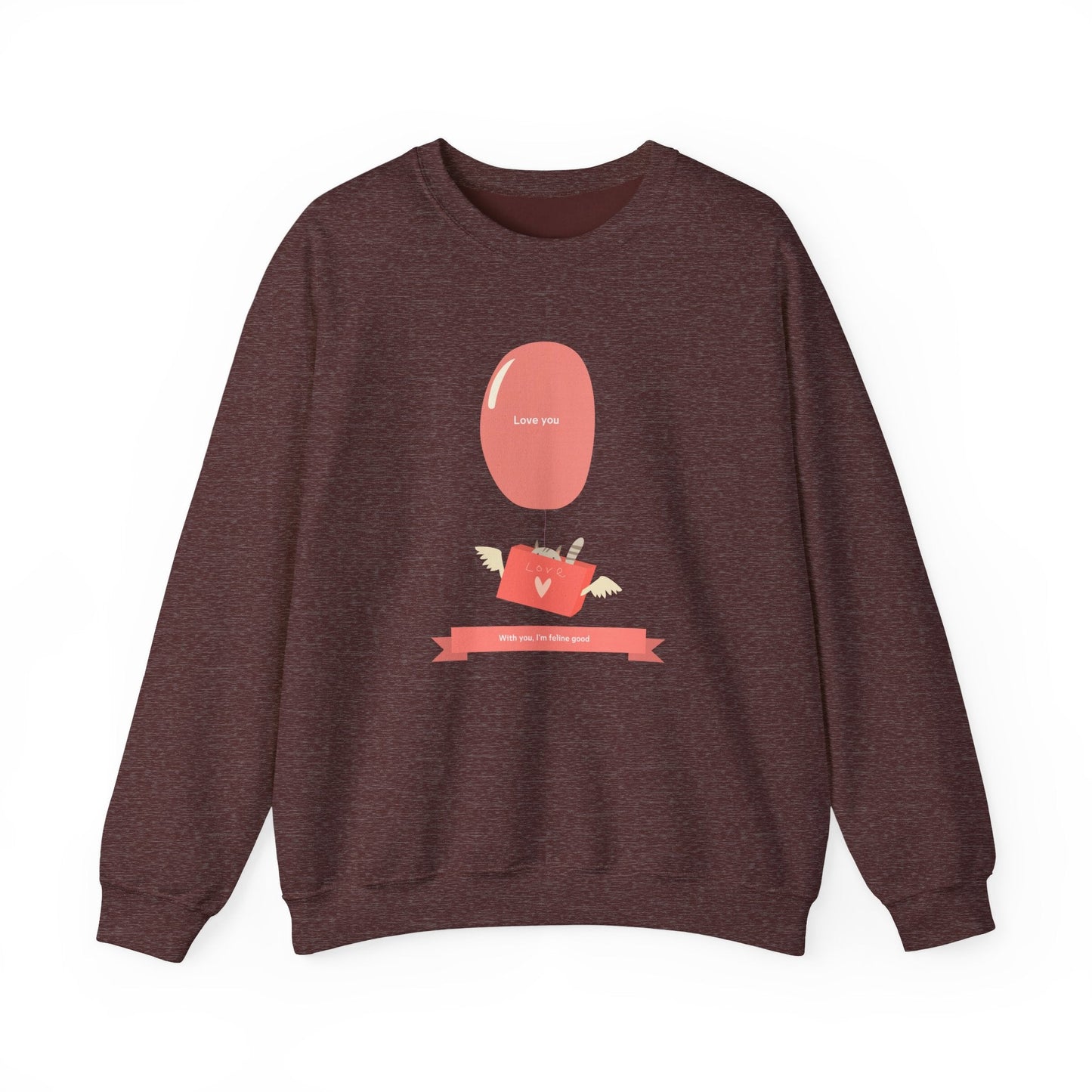 Cat Love Balloon Sweatshirt Unisex Fifty Fifty Cotton Poly Valentine Heavy Blend Crewneck Sweatshirt