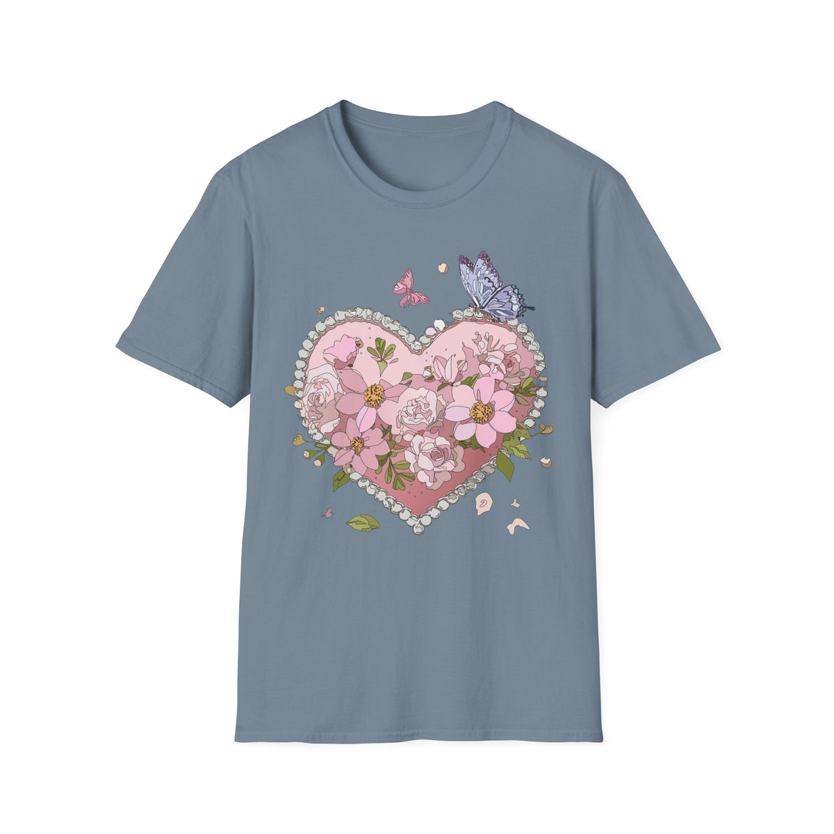 Floral Heart with Butterflies T-Shirt | Pink Flower Heart Graphic Tee Unisex 100 Cotton Gildan T-Shirt