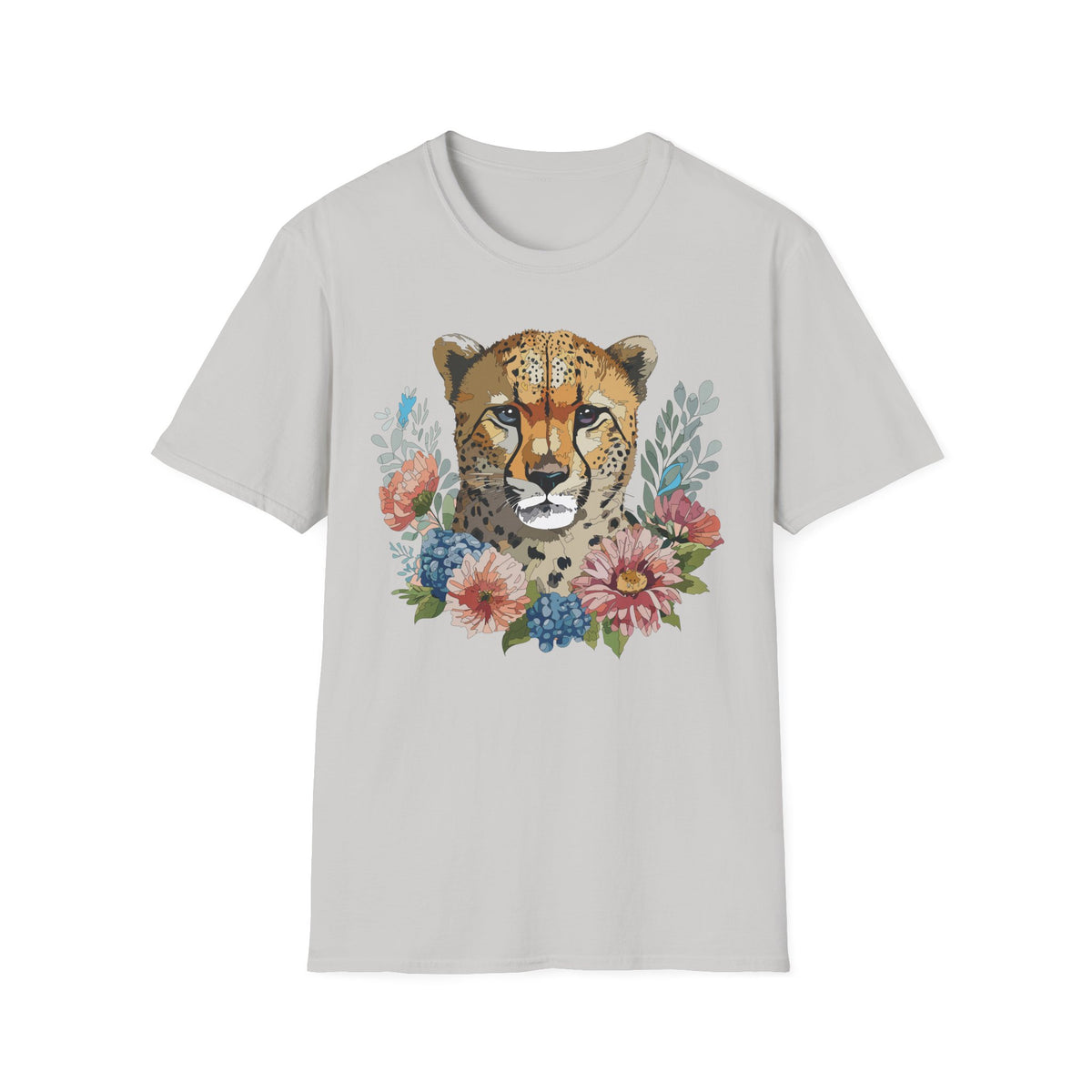 Floral Cheetah Face T-Shirt | Wild Cat Illustration, Botanical Accent