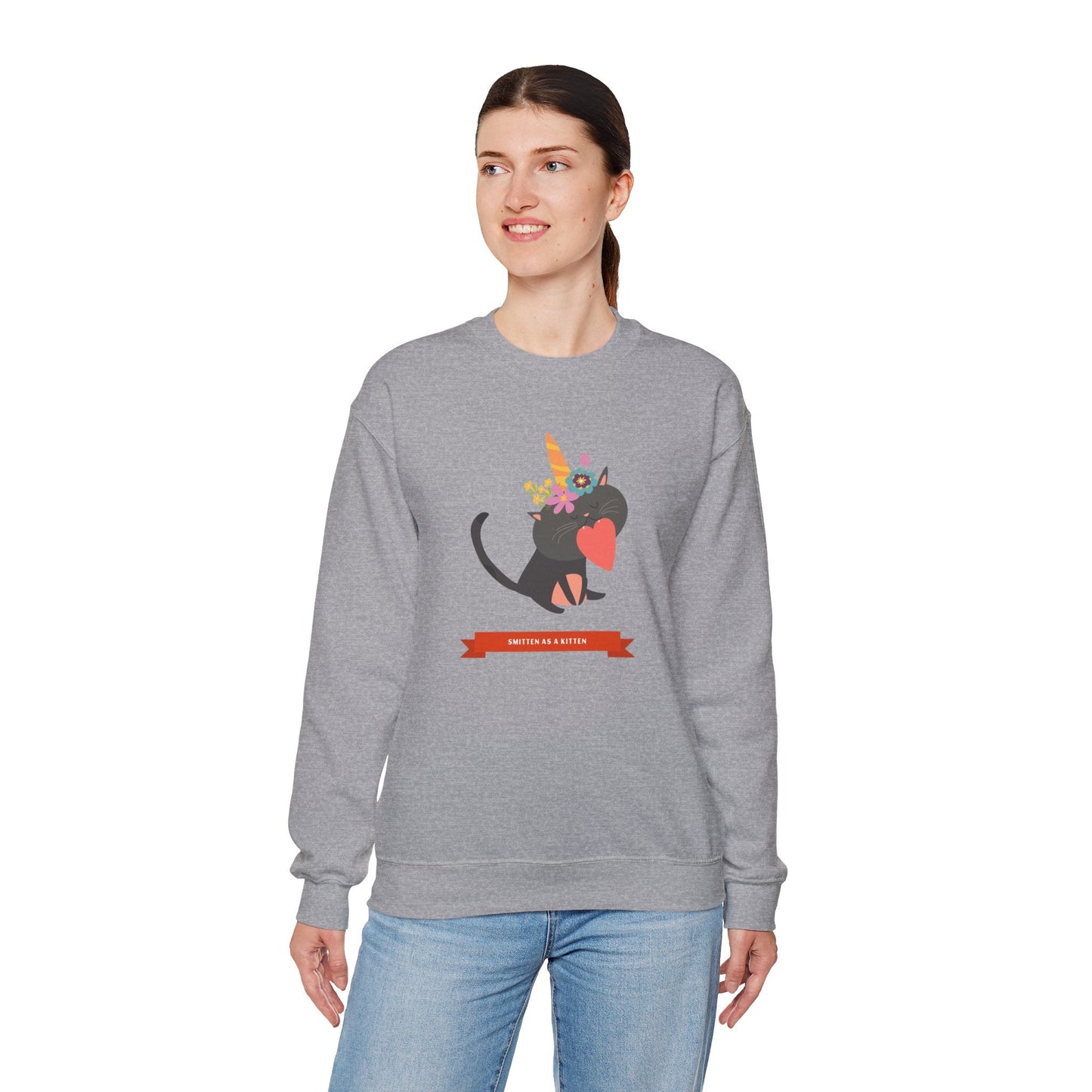 Cat Heart Sweatshirt Unisex Valentine Gift 50/50 Cotton-Poly Crewneck Gildan 18000