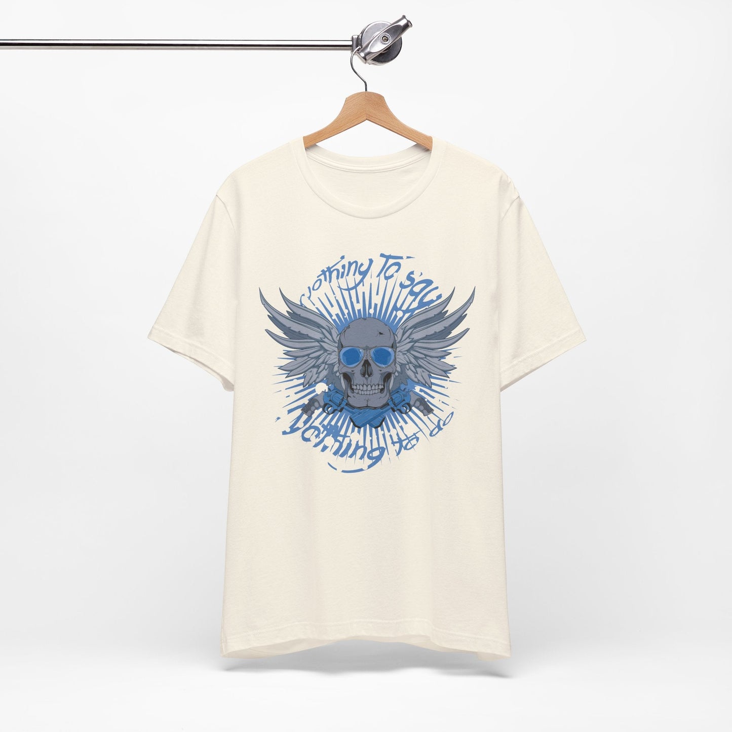 Winged Skull Graphic Tee | Blue Skull with Wings, Radiant Burst