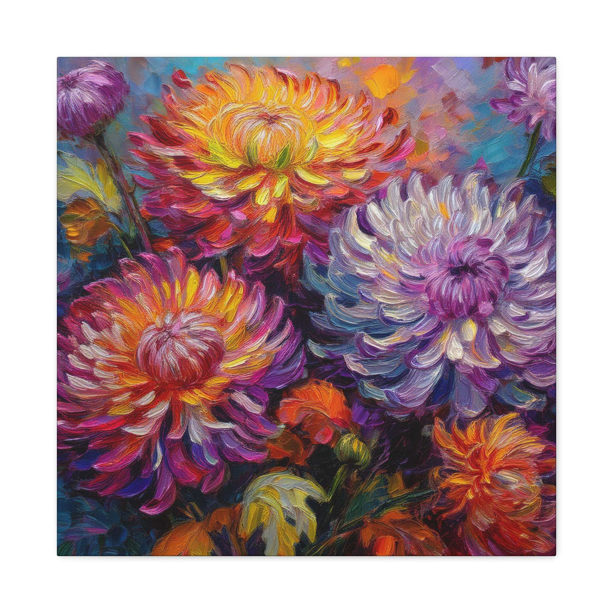 Chrysanthemums Print Canvas, Floral Oil Paint Print 20x20, 24x24, 30x30, 32x32, 36x36 Art Design Pine-Wood Inner Frame MC-158