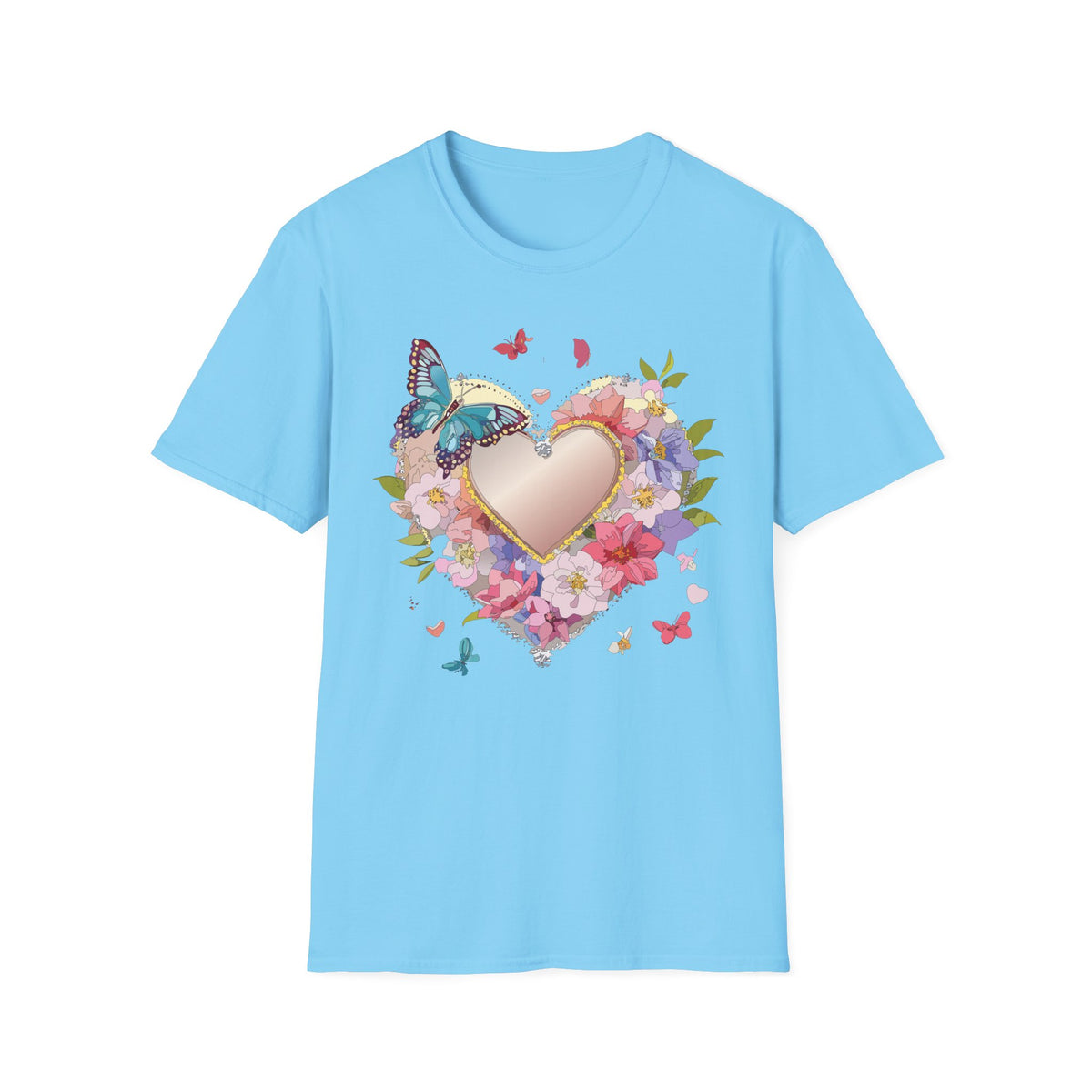 Butterfly Floral Heart Pink Gold Heart with Flowers and Butterflies Graphic Design Unisex 100 Cotton Gildan T-Shirt