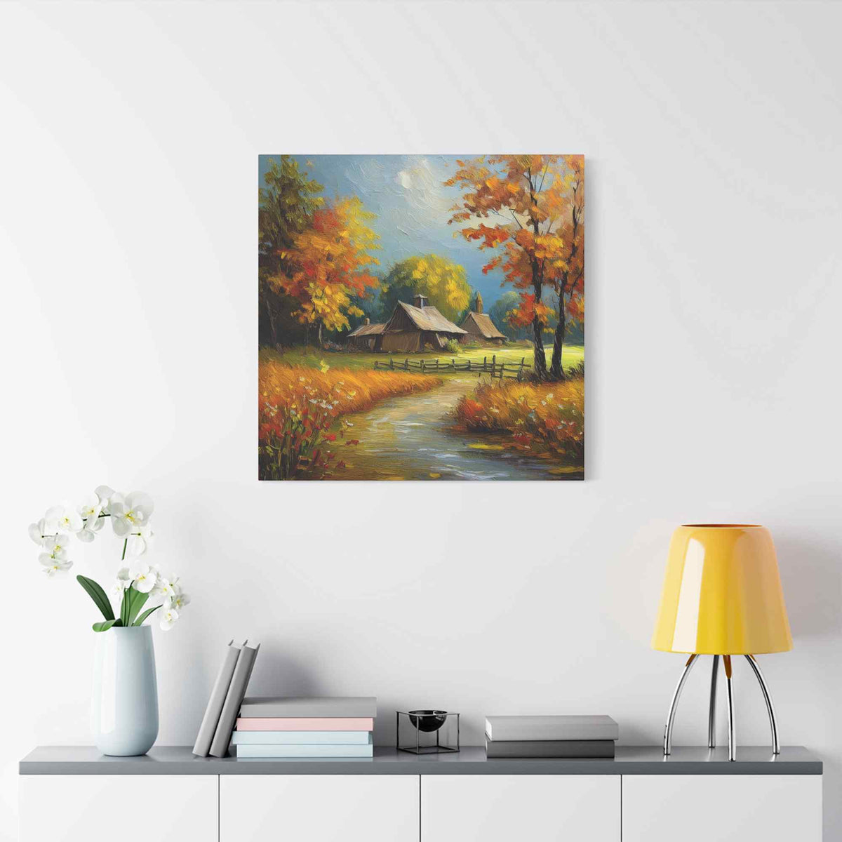 Countryside Fall Print Canvas, Oil Paint Print 20x20, 24x24, 30x30, 32x32, 36x36 Art Design Pine-Wood Inner Frame MC-105