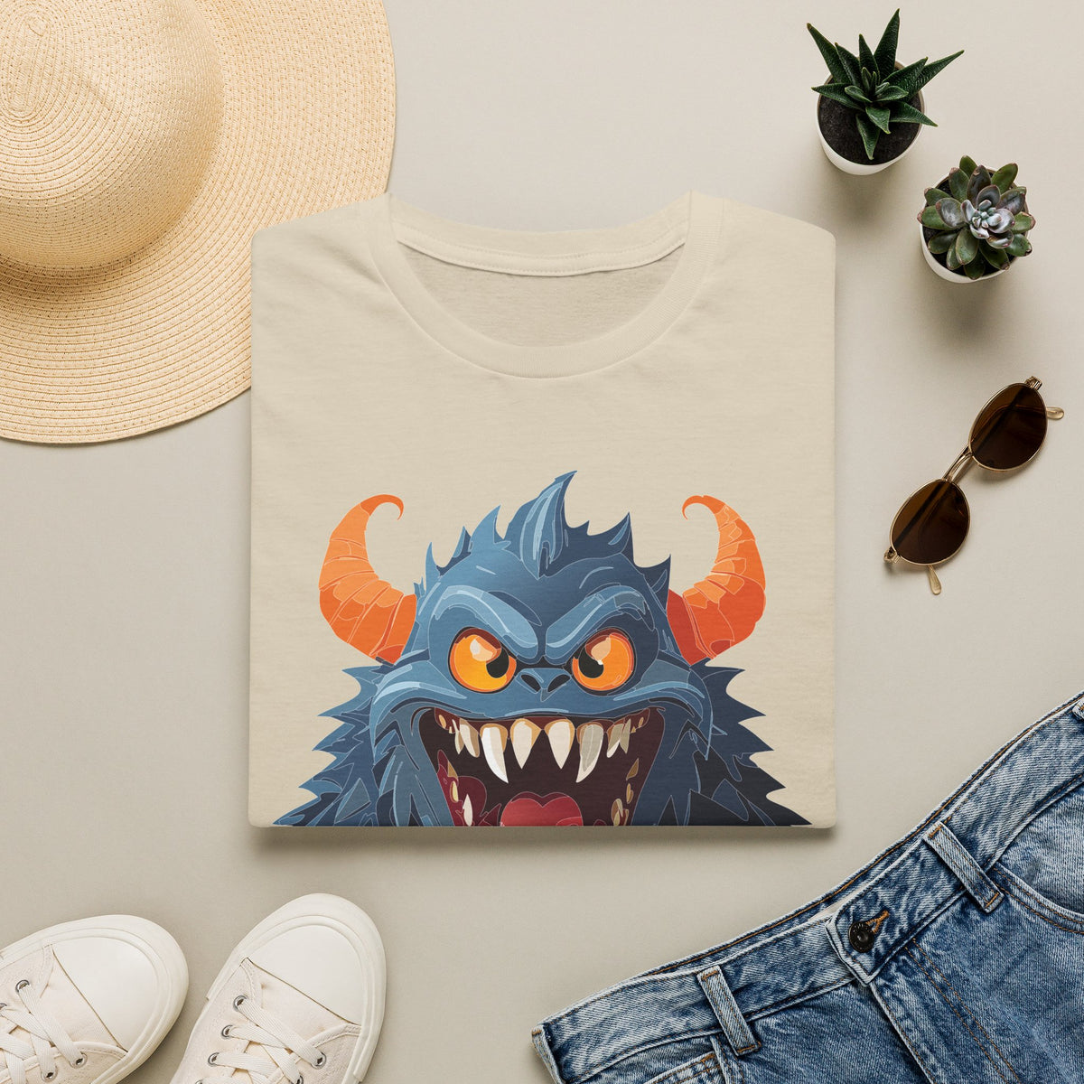 Monster Graphic T-Shirt — Fierce Blue Horned Creature Cartoon Graphic Tee Unisex 100 Cotton Gildan T-Shirt