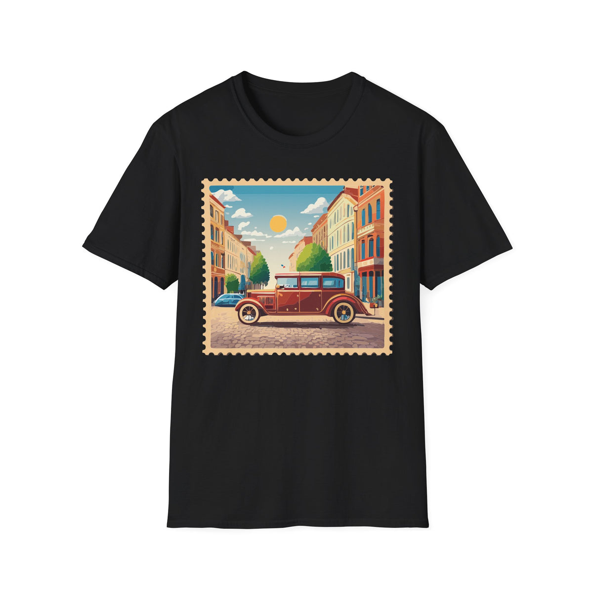 Vintage City Street Illustration T-Shirt | Retro Car, Sunny Urban Graphic Tee Unisex 100 Cotton Gildan T-Shirt