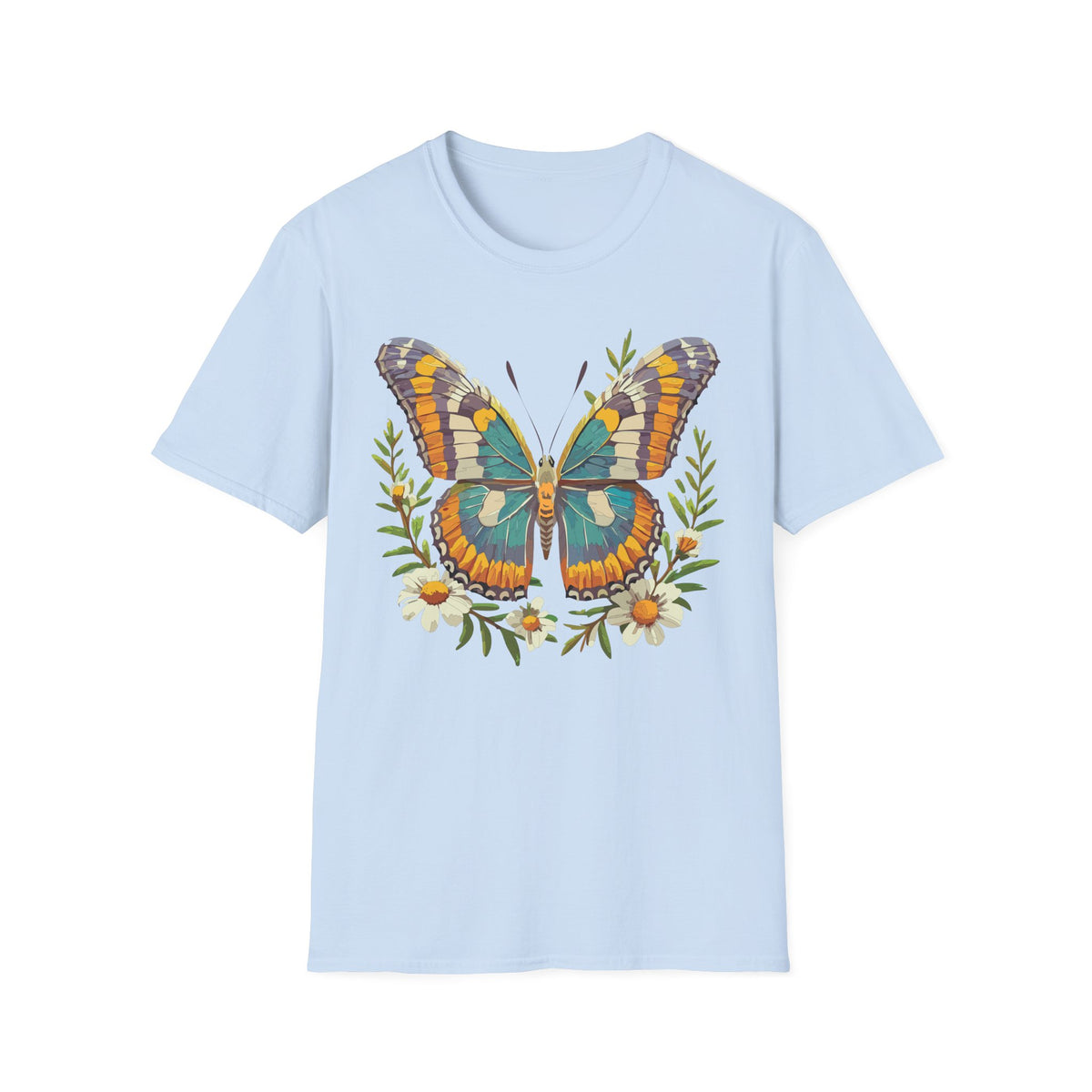 Teal Orange Butterfly T-Shirt | Floral Butterfly Illustration Graphic Tee Unisex 100 Cotton Gildan T-Shirt
