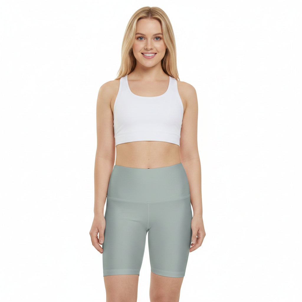 Light Ash Jade Grey Women’s Soft Sage Workout Shorts — High-Waist Biker Activewear