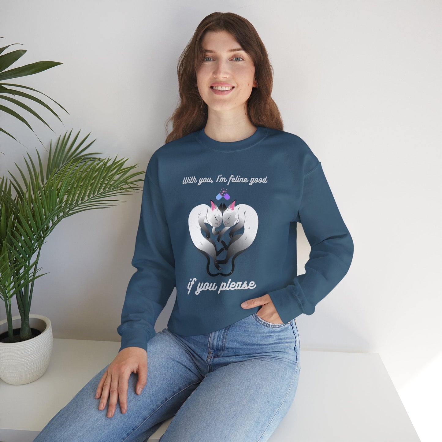 Double Cat Heart Sweatshirt Unisex Fifty Fifty Cotton Poly Valentines Day Sweatshirt