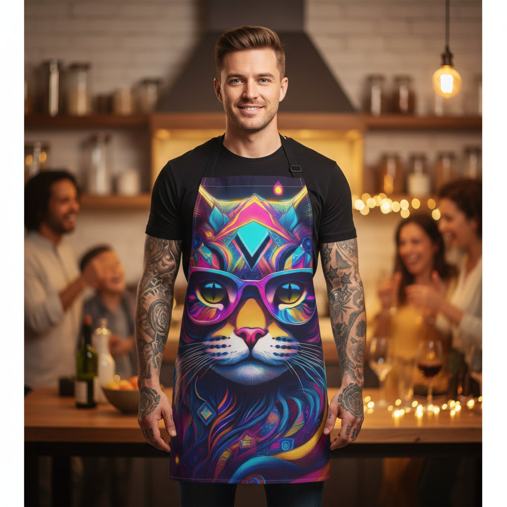 Neon Cat Chef Apron — Colorful Sunglasses Cat Kitchen Apron Stain-Resistant - Art Print Canvas Apron