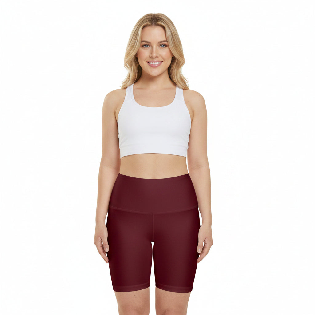 Black Cherry Red Women’s High-Waist Workout Shorts — Burgundy Athletic Biker Shorts