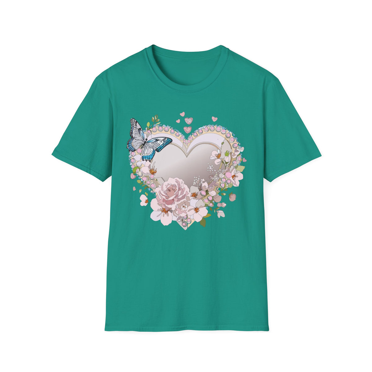 Floral Heart with Butterfly T-Shirt | Romantic Pastel Garden Graphic Tee Unisex 100 Cotton Gildan T-Shirt