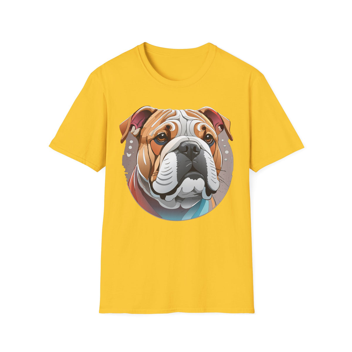 Bulldog Graphic T-Shirt — Colorful English Bulldog Portrait Graphic Design Unisex 100 Cotton Gildan T-Shirt