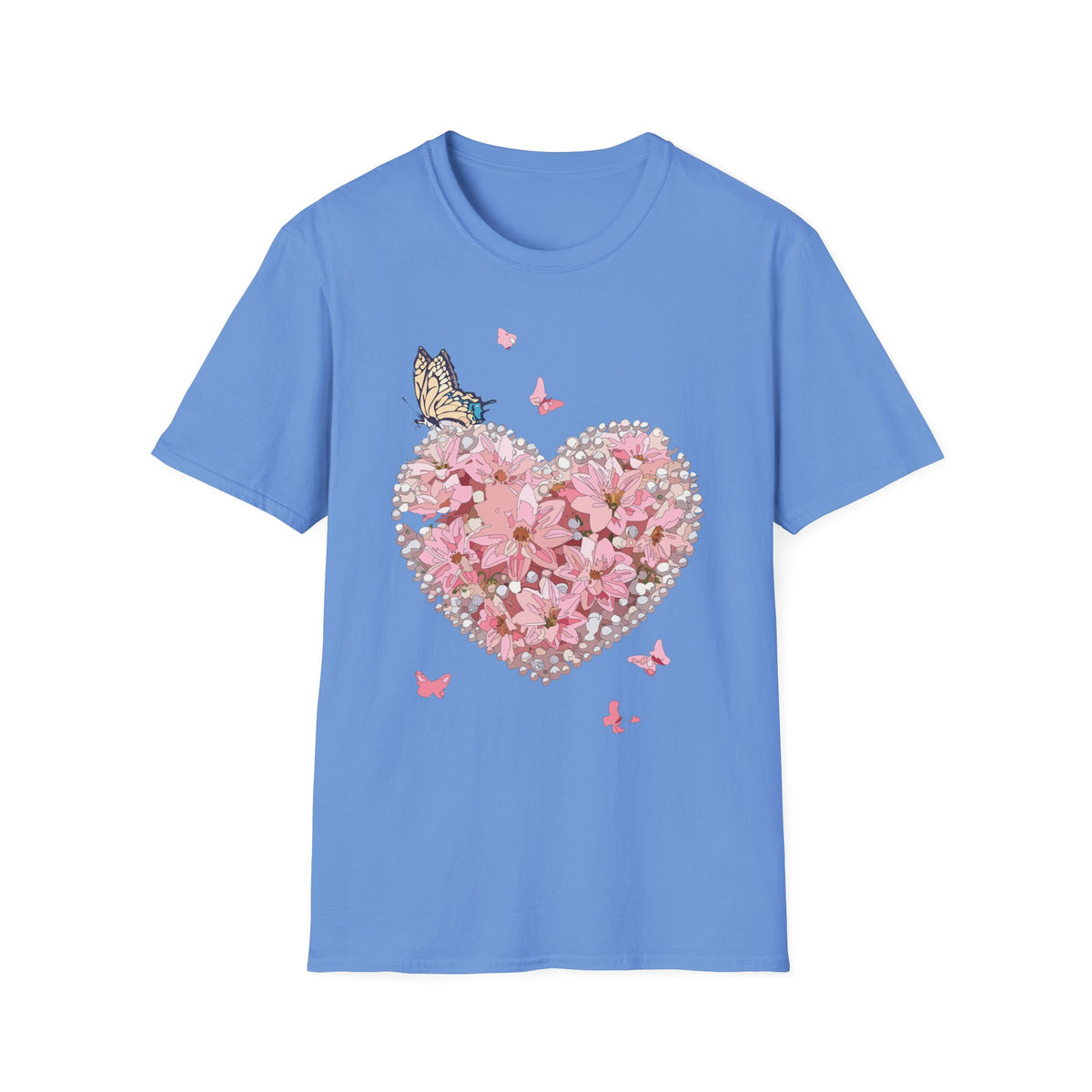 Pink Floral Heart with Butterfly T-Shirt | Spring Floral Graphic Tee Unisex 100 Cotton Gildan T-Shirt