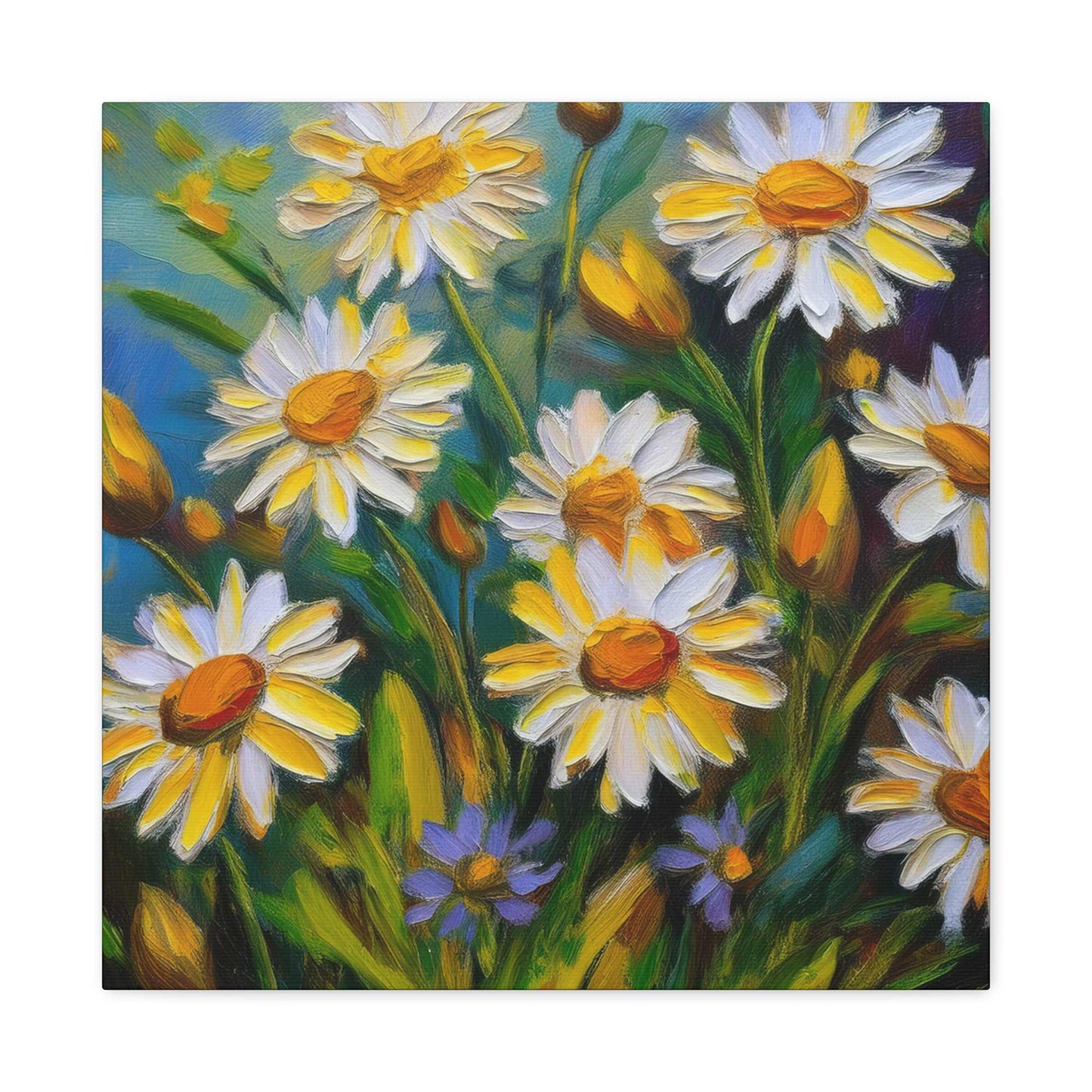 White Daisies Print Canvas, Floral Oil Paint Print 20x20, 24x24, 30x30, 32x32, 36x36 Art Design Pine-Wood Inner Frame MC-127