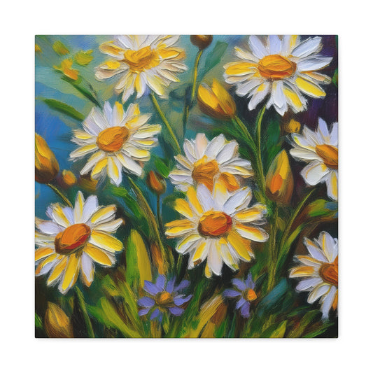 White Daisies Print Canvas, Floral Oil Paint Print 20x20, 24x24, 30x30, 32x32, 36x36 Art Design Pine-Wood Inner Frame MC-127
