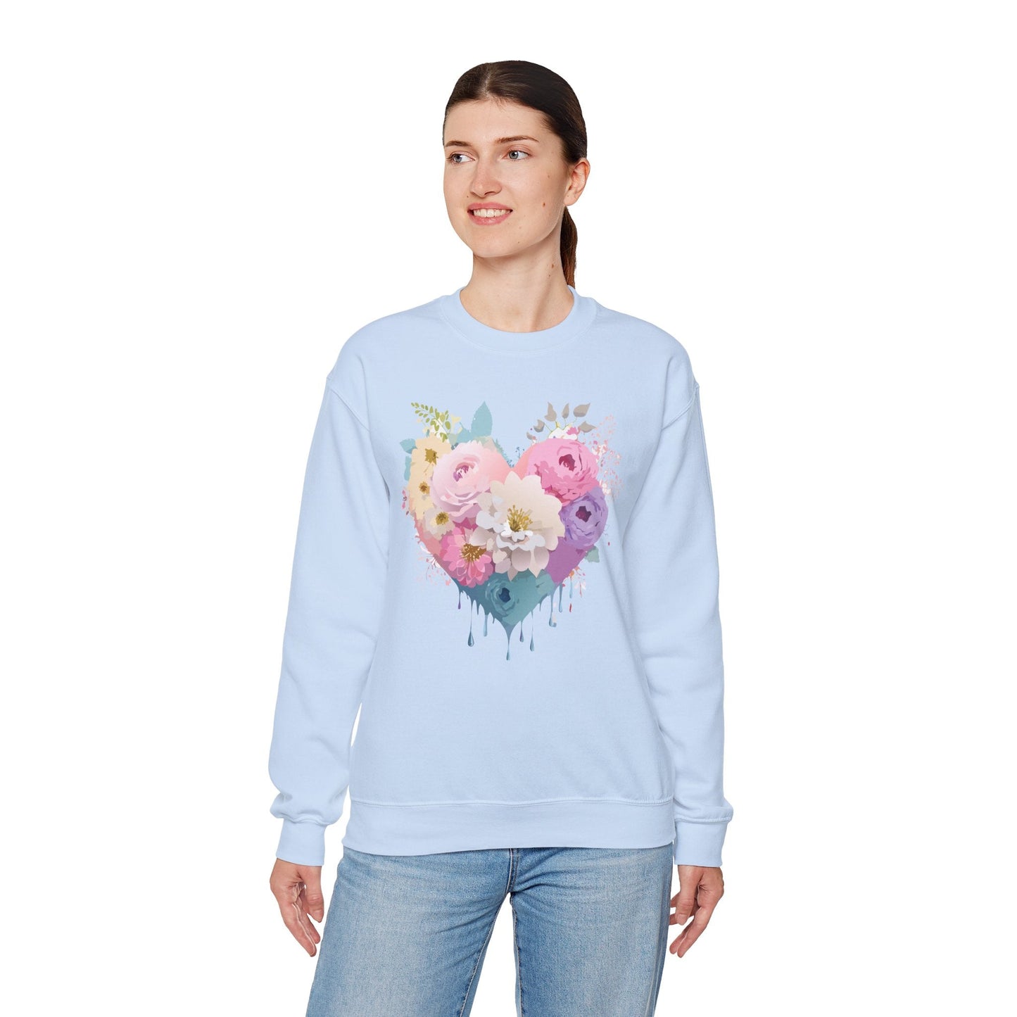 Floral Heart Unisex Crewneck Sweatshirt With Floral Love Valentines Day Design Premium Heavy Blend