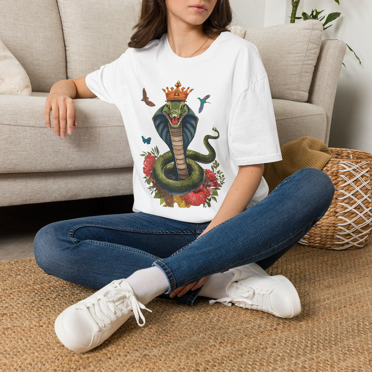 Crowned King Cobra Shirt | Snake Illustration, Floral Accents, Wildlife