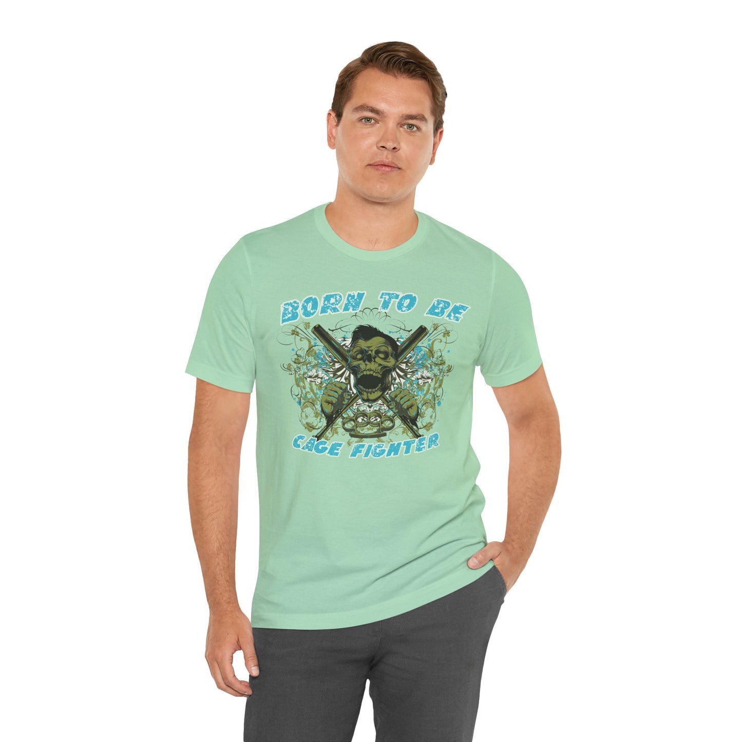 Born To Be Cage Fighter Tee Skull Crossed Knives Graphic T-Shirt