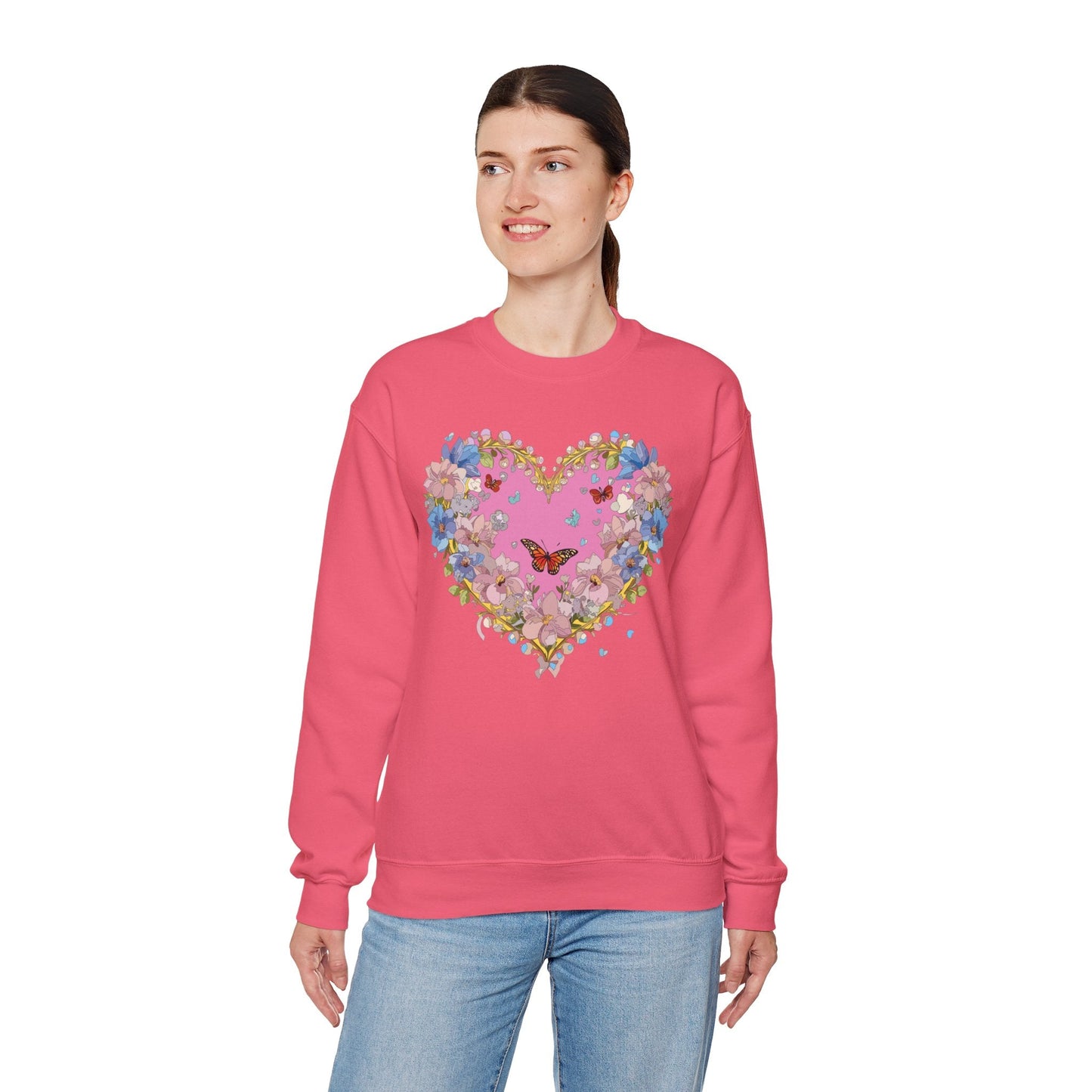Floral Heart Sweatshirt Unisex Crewneck Gildan 18000 Fifty Fifty Cotton Polyester Valentine's Day