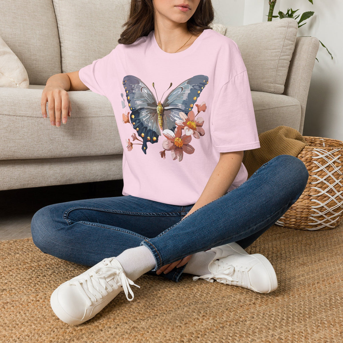 Butterfly and Floral Botanical Graphic Design Unisex 100 Cotton Gildan T-Shirt