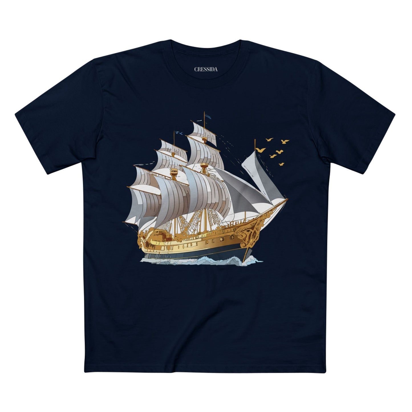 Ship Graphic Unisex 100 Cotton T-Shirt with Gold Frigate Art Design 14