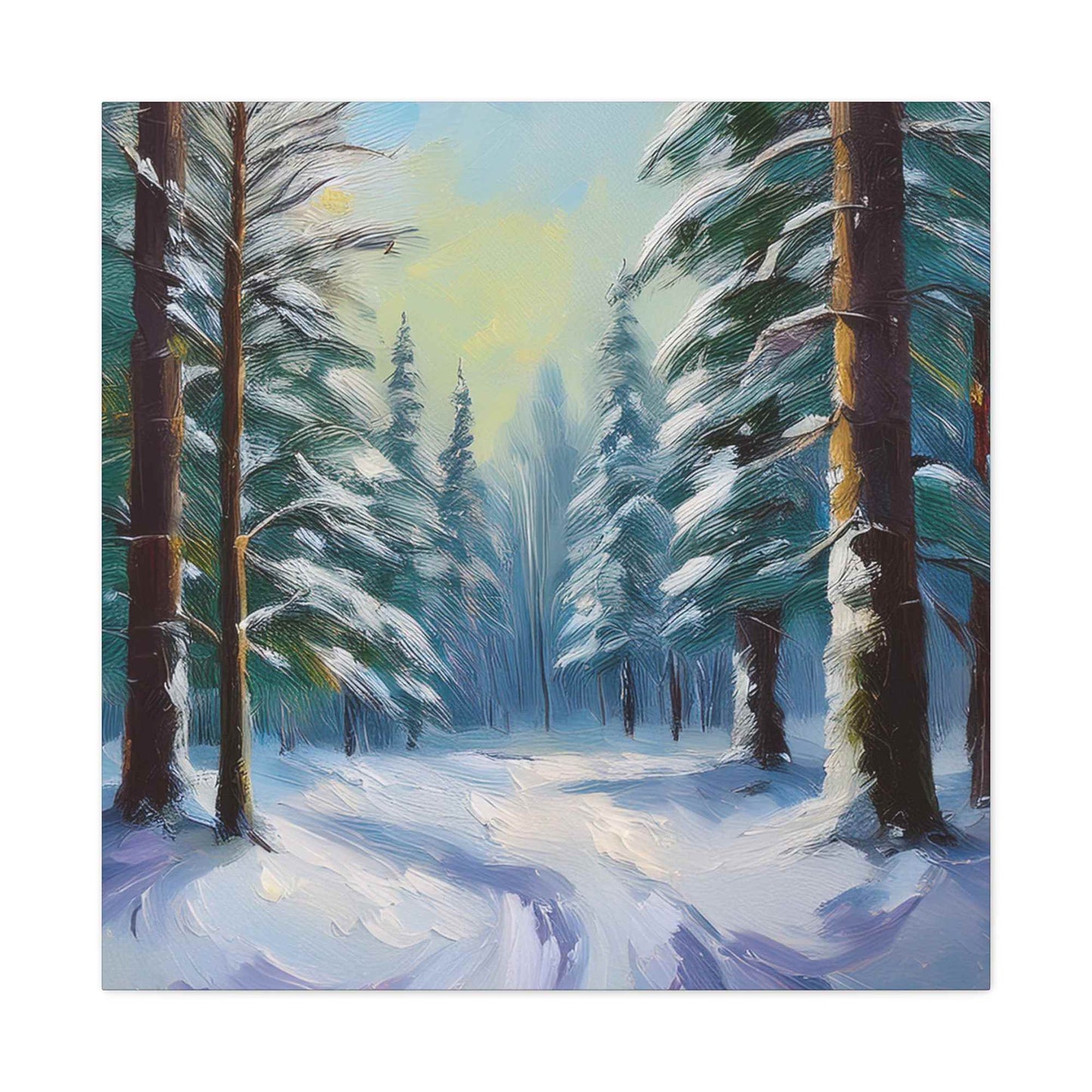 Snow Forest Print Canvas, Oil Paint Print 20x20, 24x24, 30x30, 32x32, 36x36 Art Design Print Pine-Wood Inner Frame MC-77