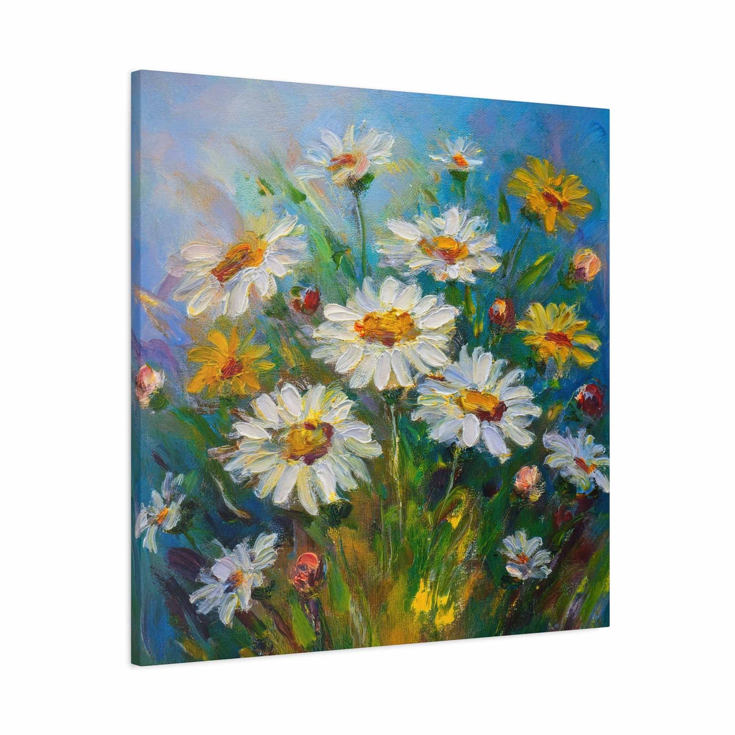 White Daisies Print Canvas, Floral Oil Paint Print 20x20, 24x24, 30x30, 32x32, 36x36 Art Design Pine-Wood Inner Frame MC-128