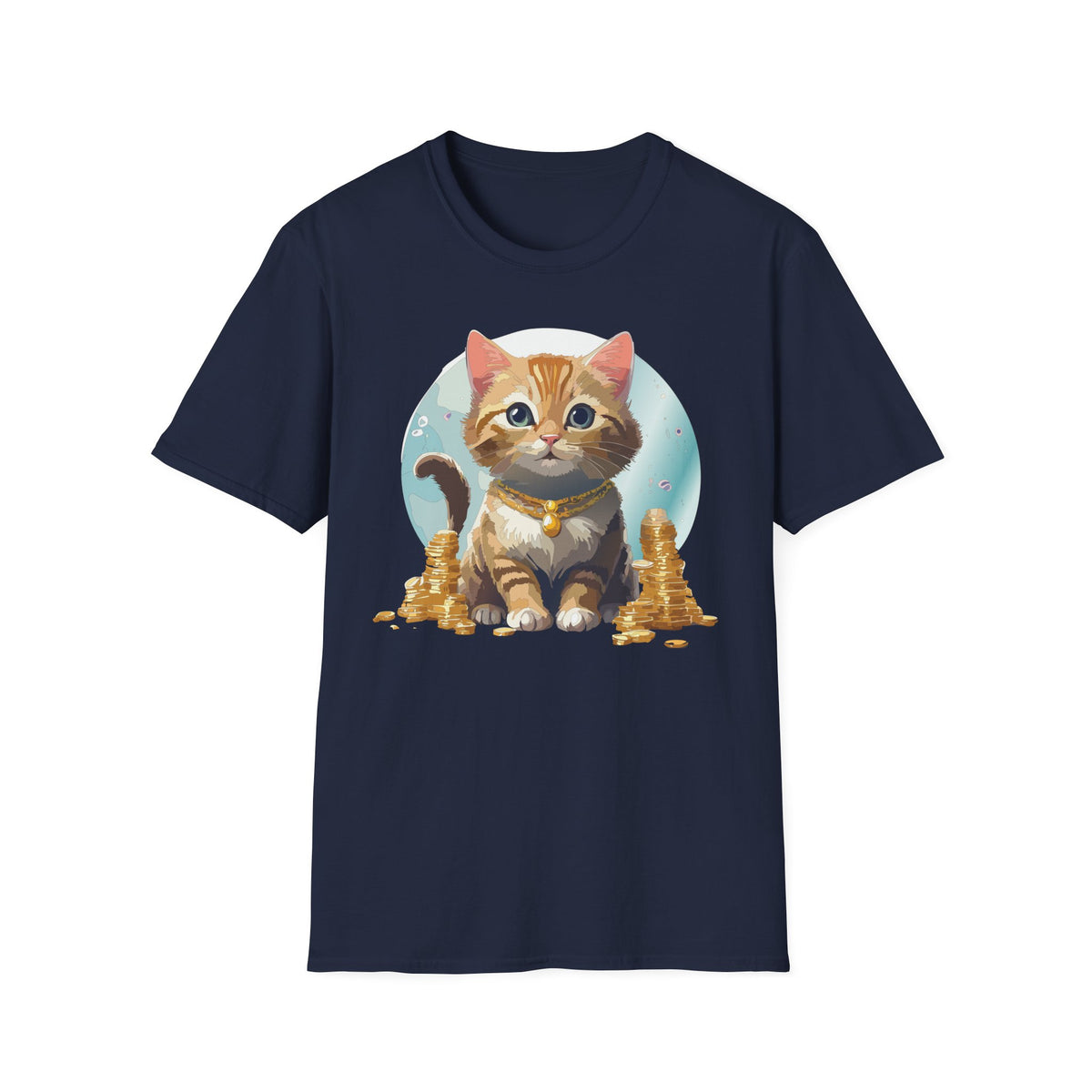 Lucky Cat Illustration T-Shirt | Cute Kitten with Coins