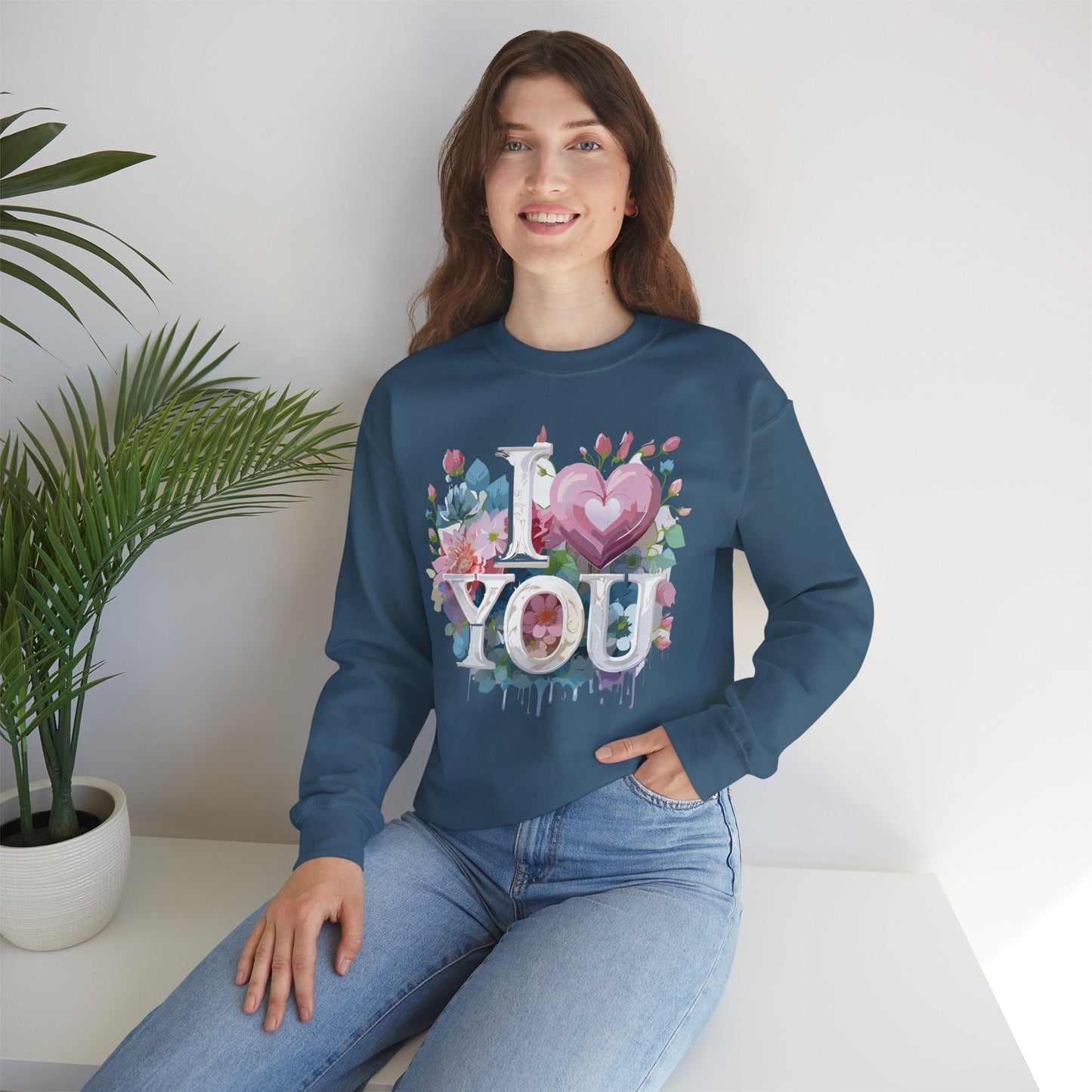 Floral Love Sweatshirt Unisex Valentine Day Flower Print Crewneck Gildan 18000 Cozy