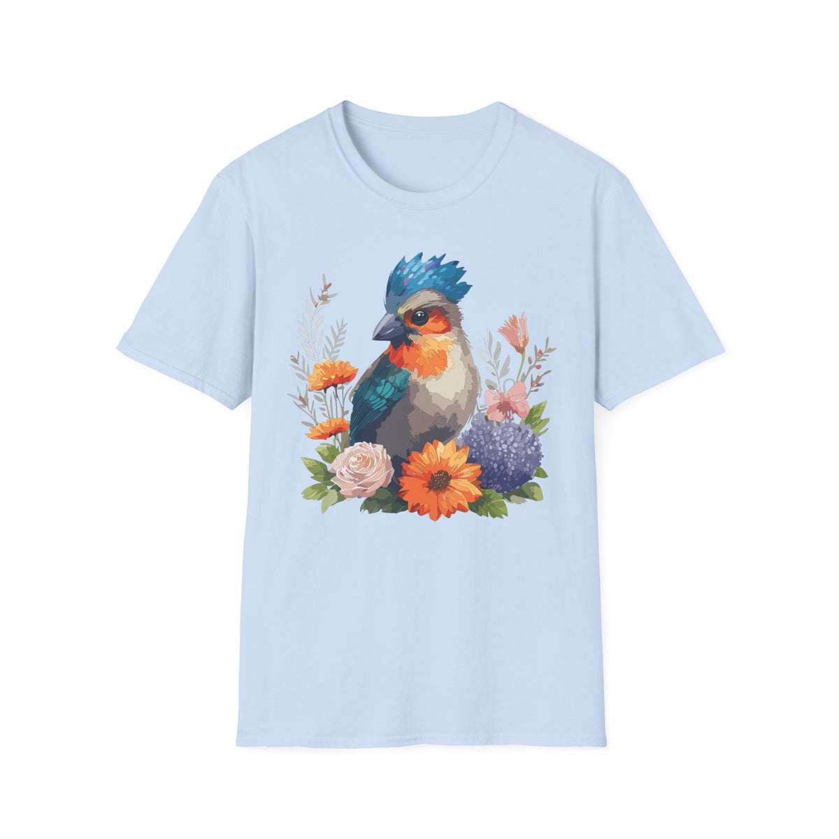 Colorful Crested Bird T-Shirt | Watercolor Floral Illustration