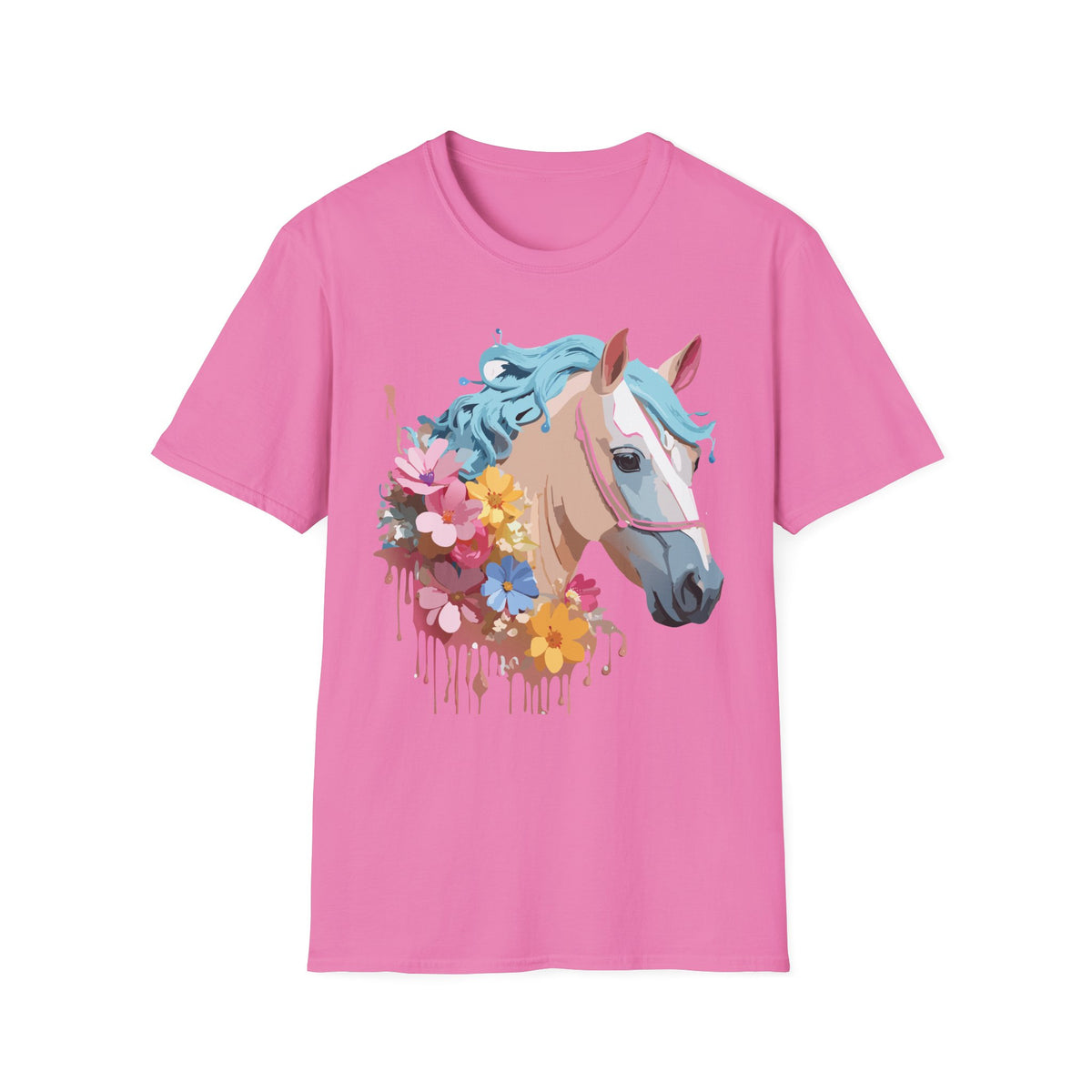 Floral Horse Illustration T-Shirt | Pastel Blue Mane, Watercolor Flowers