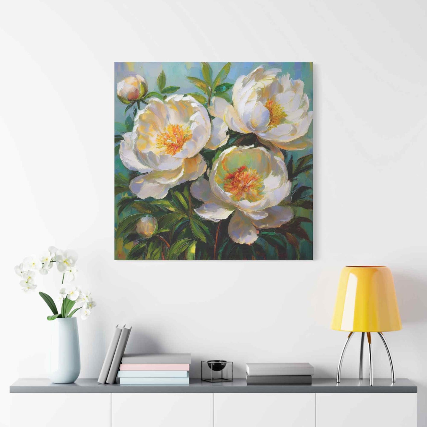White Peonies Print Canvas, Floral Oil Paint Print 20x20, 24x24, 30x30, 32x32, 36x36 Art Design Pine-Wood Inner Frame MC-117
