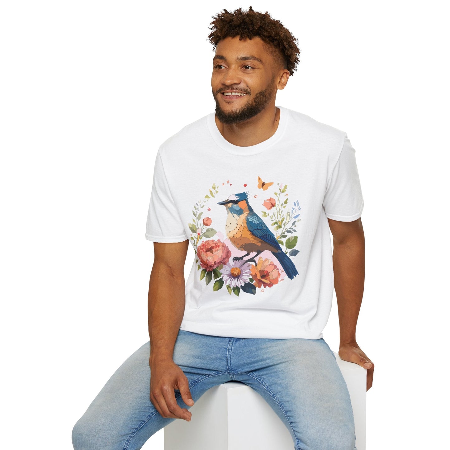 Floral Bird T Shirt Unisex Softstyle Gildan 64000 Tee 100 Percent Ring Spun Cotton