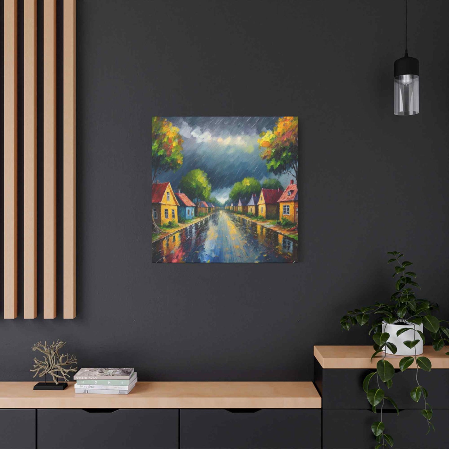 Rainy Village Street Canvas, Matte Oil Paint Print 20x20, 24x24, 30x30, 32x32, 36x36, Art Design Print Non-Frame MC-3