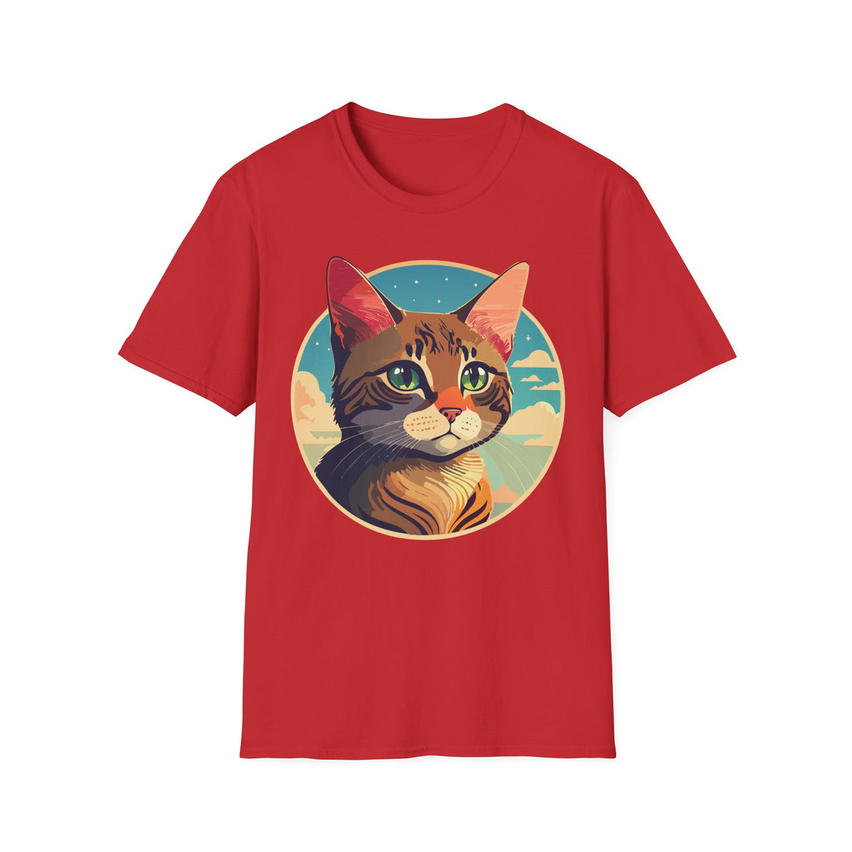Retro Sunset Tabby Cat T-Shirt | Vintage Cat Portrait, Nautical Sky