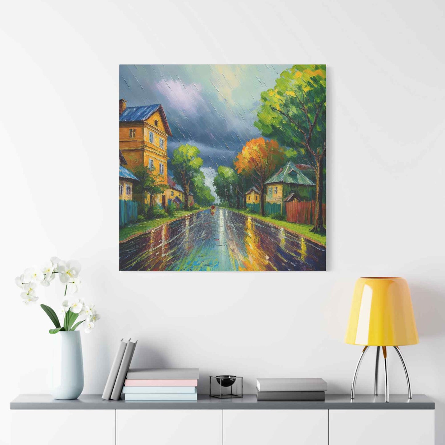 Rainy Village Street Canvas, Matte Oil Paint Print 20x20, 24x24, 30x30, 32x32, 36x36, Art Design Print Non-Frame MC-1