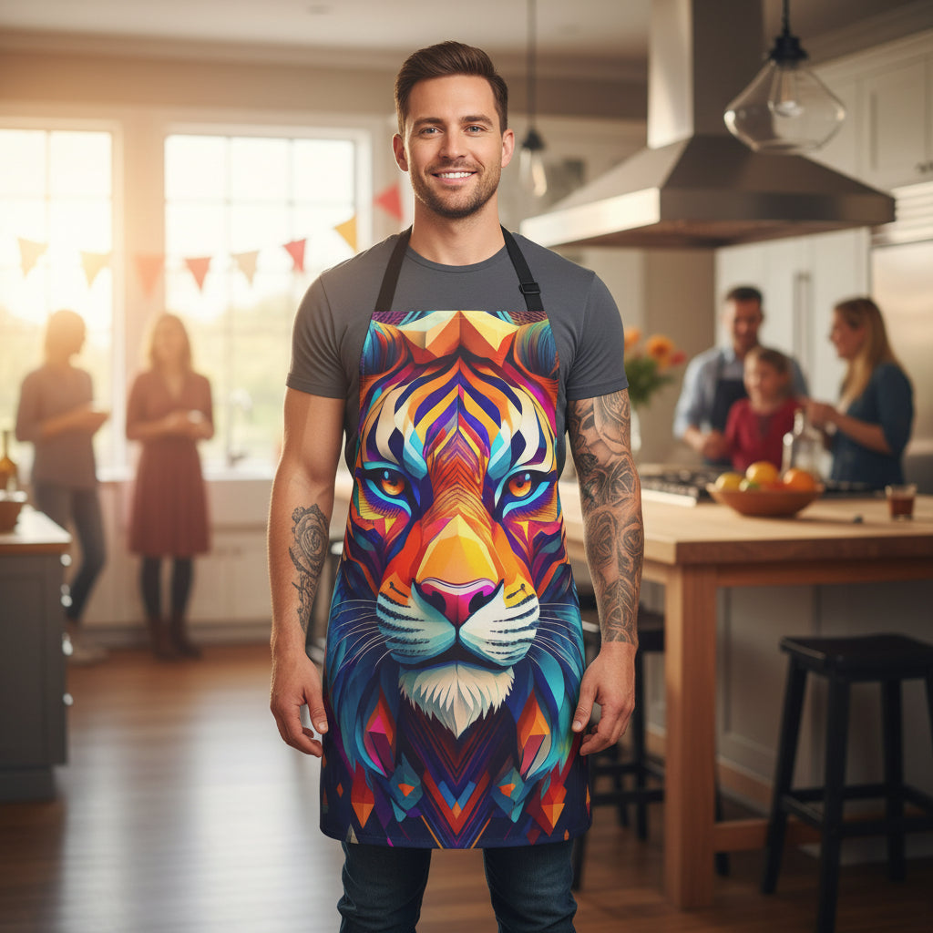 Vibrant Geometric Tiger Apron — Colorful Artistic Kitchen Apron with Bold Cat Design Stain-Resistant - Art Print Canvas Apron