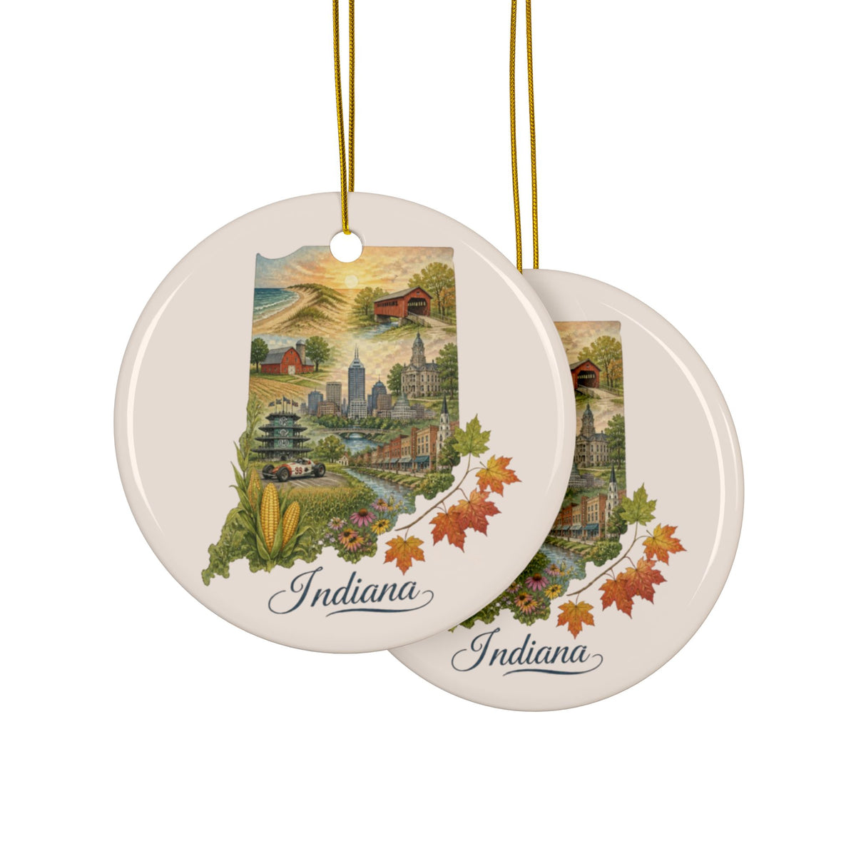 Indiana State Map Holiday Ornament | Ceramic Round Two-Sided Ornament - 2.99" Includes Gold String