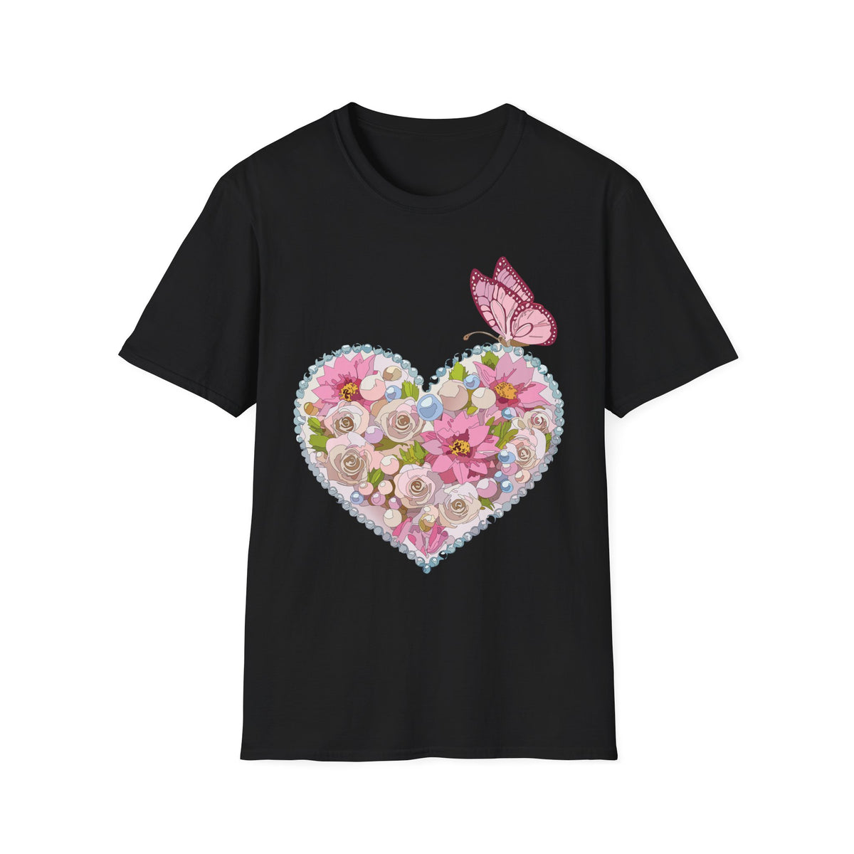 Floral Heart with Butterfly T-Shirt | Pink Flower Heart Graphic Tee Unisex 100 Cotton Gildan T-Shirt